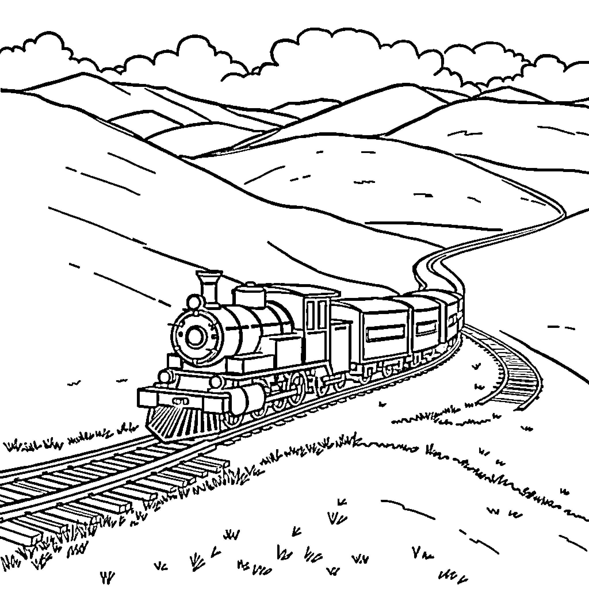 Train passing through scenic mountainous landscape Coloring Page (free black-and-white line drawing printable PDF for all, from beginners to advanced learners, including children, teens, adults, and seniors)