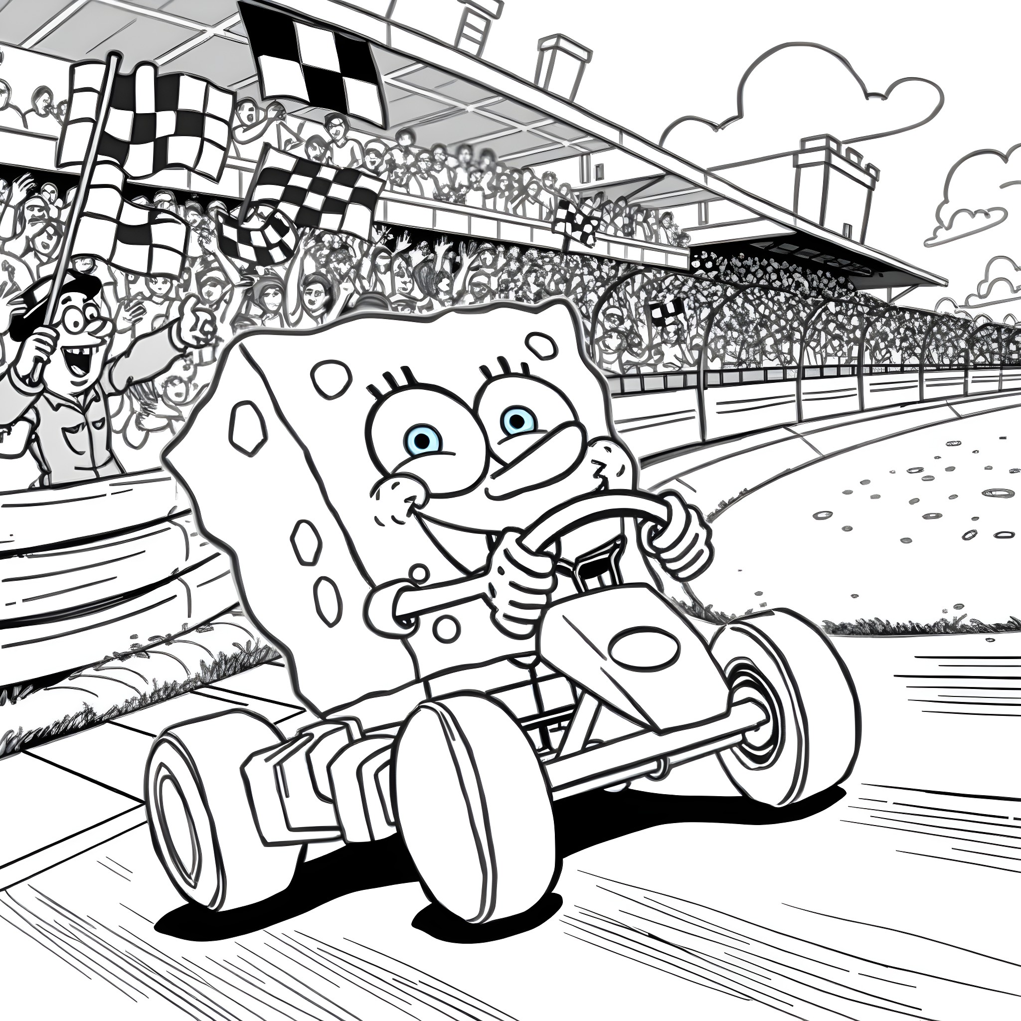 Spongebob Driving a Racecar in a Stadium Coloring Page (free black-and-white line drawing printable PDF for all, from beginners to advanced learners, including children, teens, adults, and seniors)