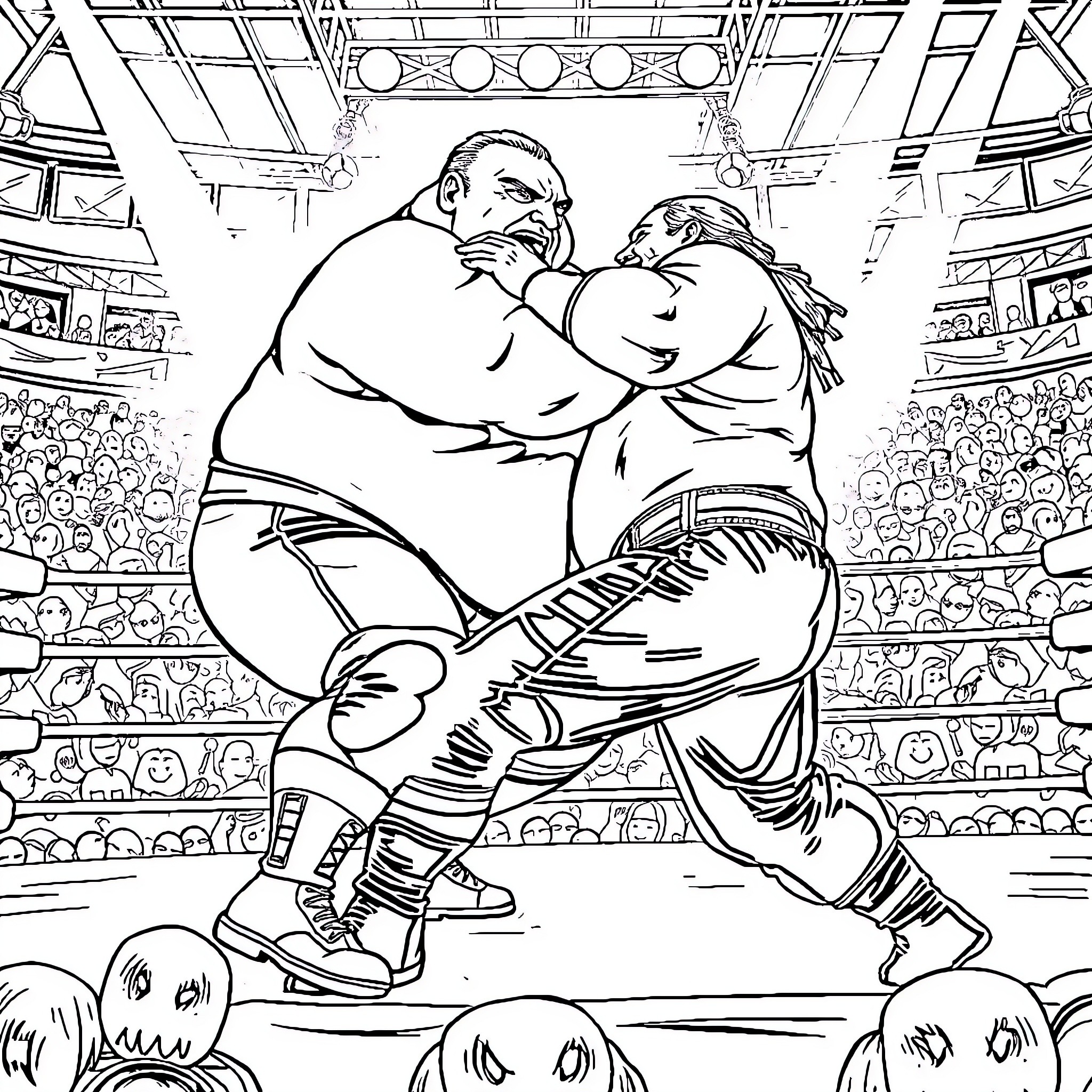 Wrestler Grappling Fiercely in a Crowded Arena Coloring Page (free black-and-white line drawing printable PDF for all, from beginners to advanced learners, including children, teens, adults, and seniors)
