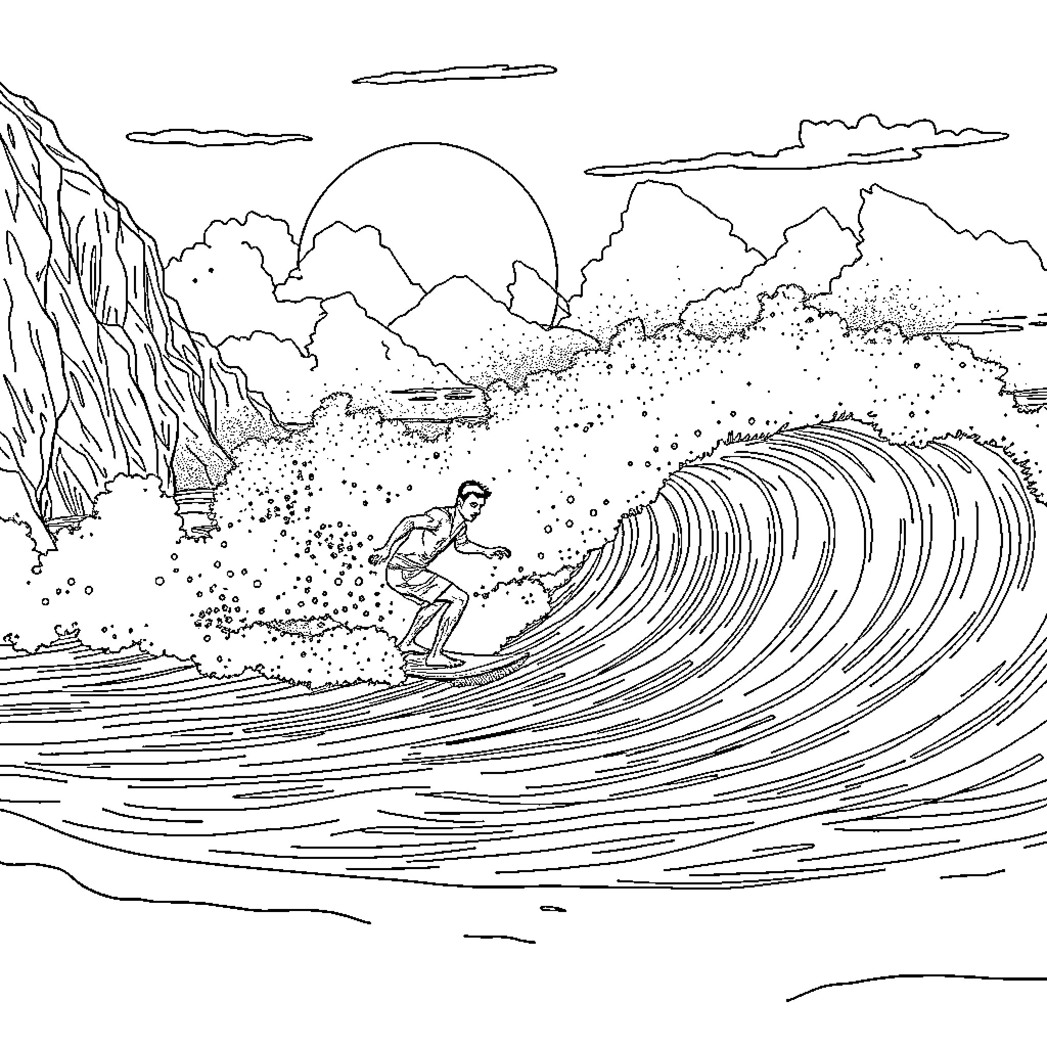 Guy surfing on a big wave in the ocean Coloring Page (free black-and-white line drawing printable PDF for all, from beginners to advanced learners, including children, teens, adults, and seniors)