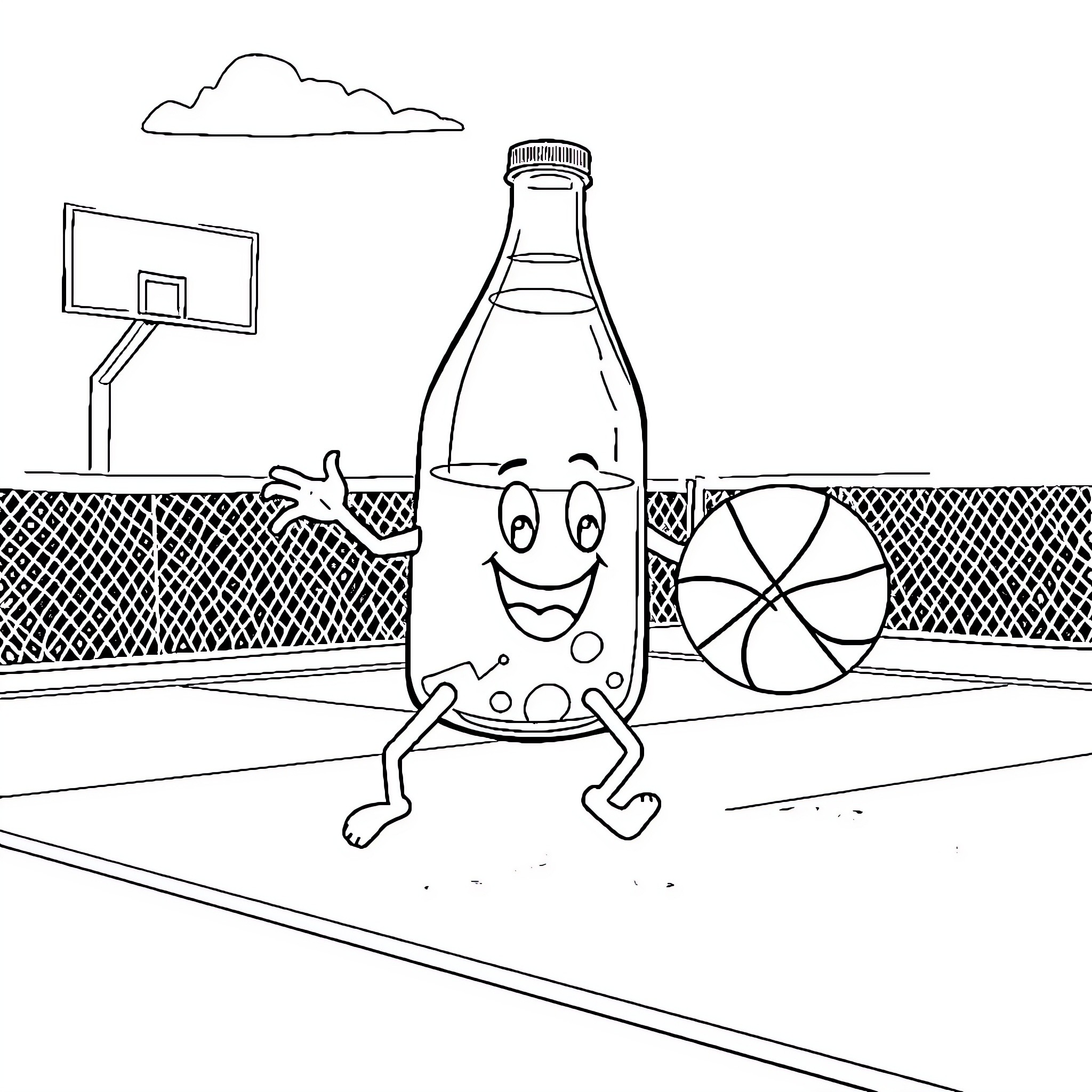 Bottle playing happily on basketball court Coloring Page (free black-and-white line drawing printable PDF for all, from beginners to advanced learners, including children, teens, adults, and seniors)