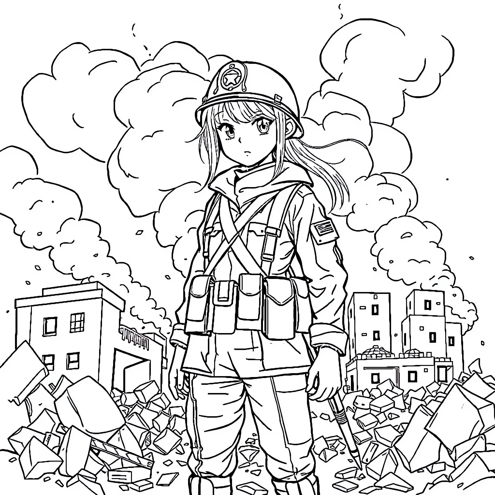 Soldier amidst the rubble and destruction Coloring Page (free black-and-white line drawing printable PDF for all, from beginners to advanced learners, including children, teens, adults, and seniors)