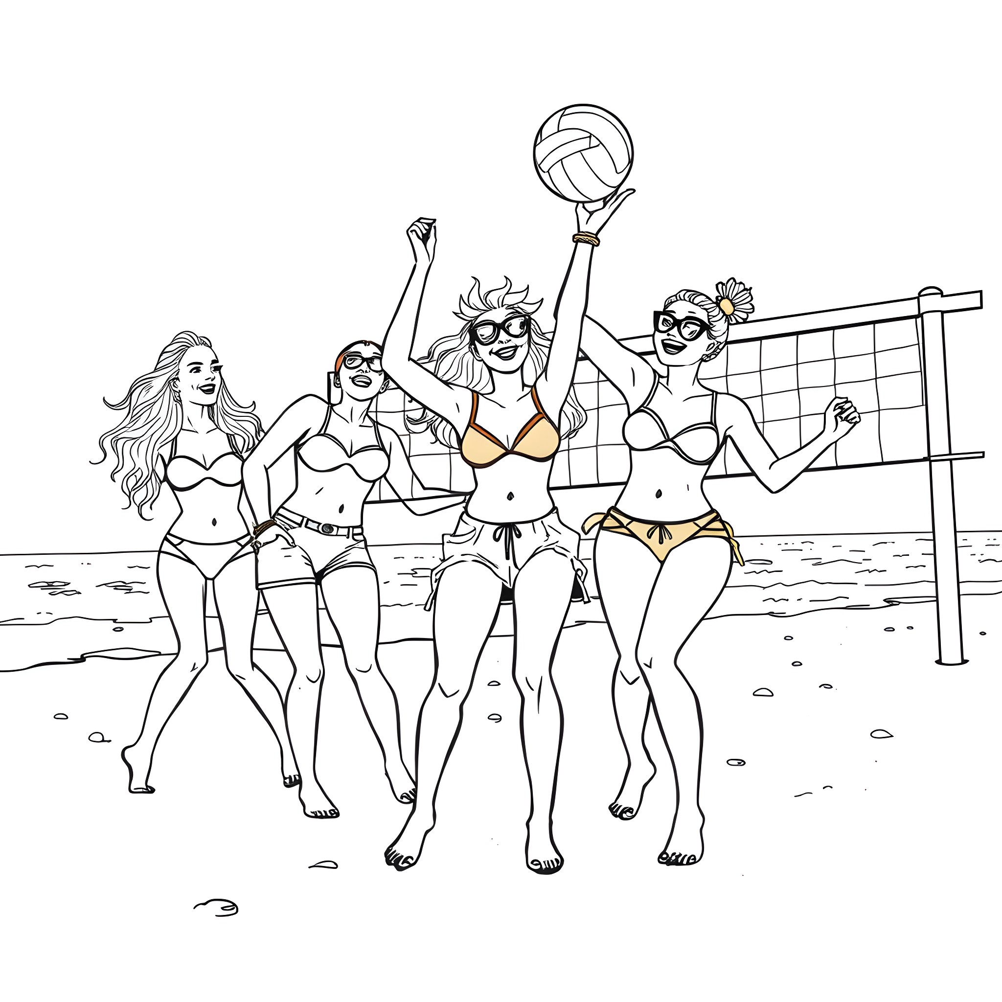 Goth Girls Playing Beach Volleyball Coloring Page (free black-and-white line drawing printable PDF for all, from beginners to advanced learners, including children, teens, adults, and seniors)