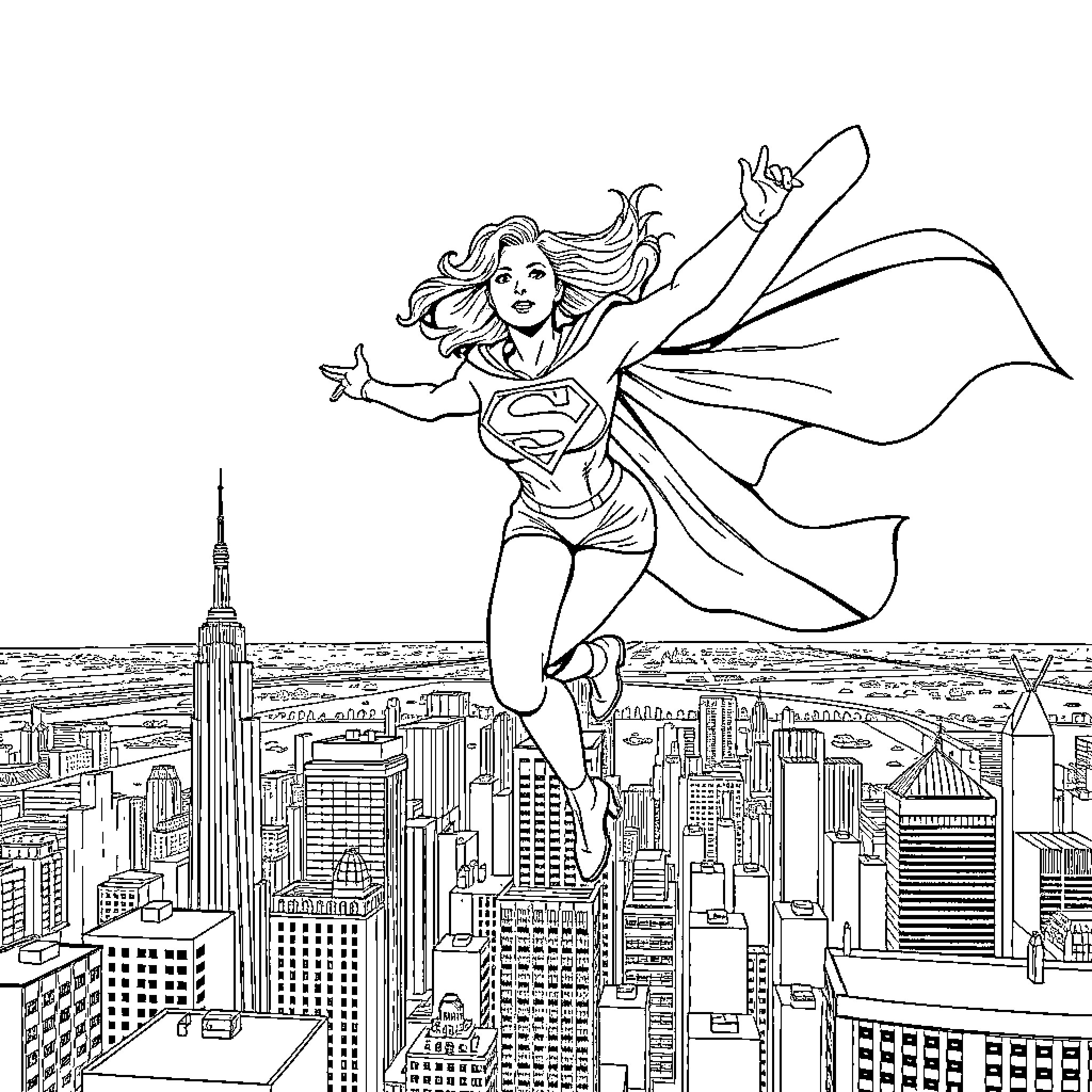 Super Girl soaring over the city skyline Coloring Page (free black-and-white line drawing printable PDF for all, from beginners to advanced learners, including children, teens, adults, and seniors)