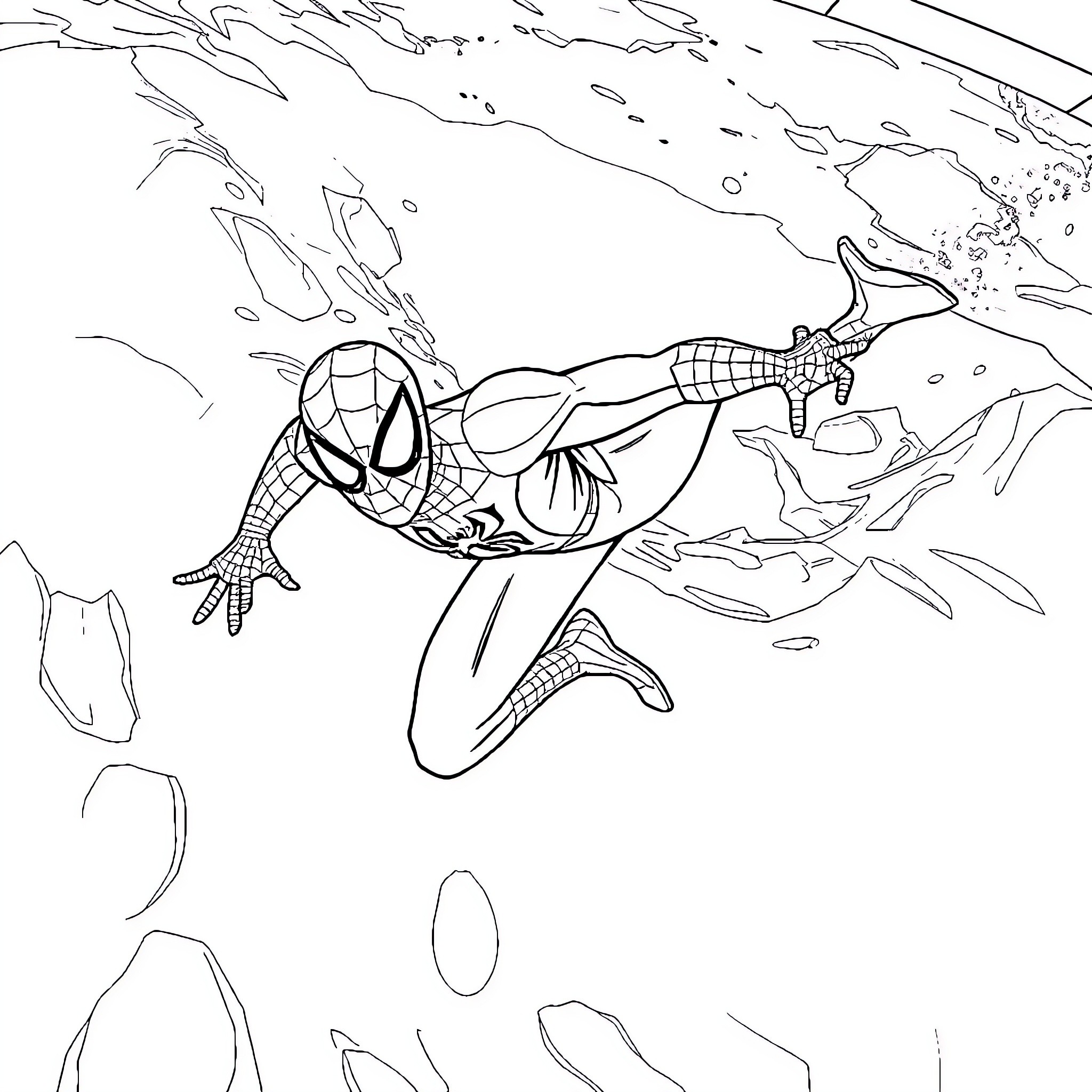 Spider-Man swinging through the city Coloring Page (free black-and-white line drawing printable PDF for all, from beginners to advanced learners, including children, teens, adults, and seniors)