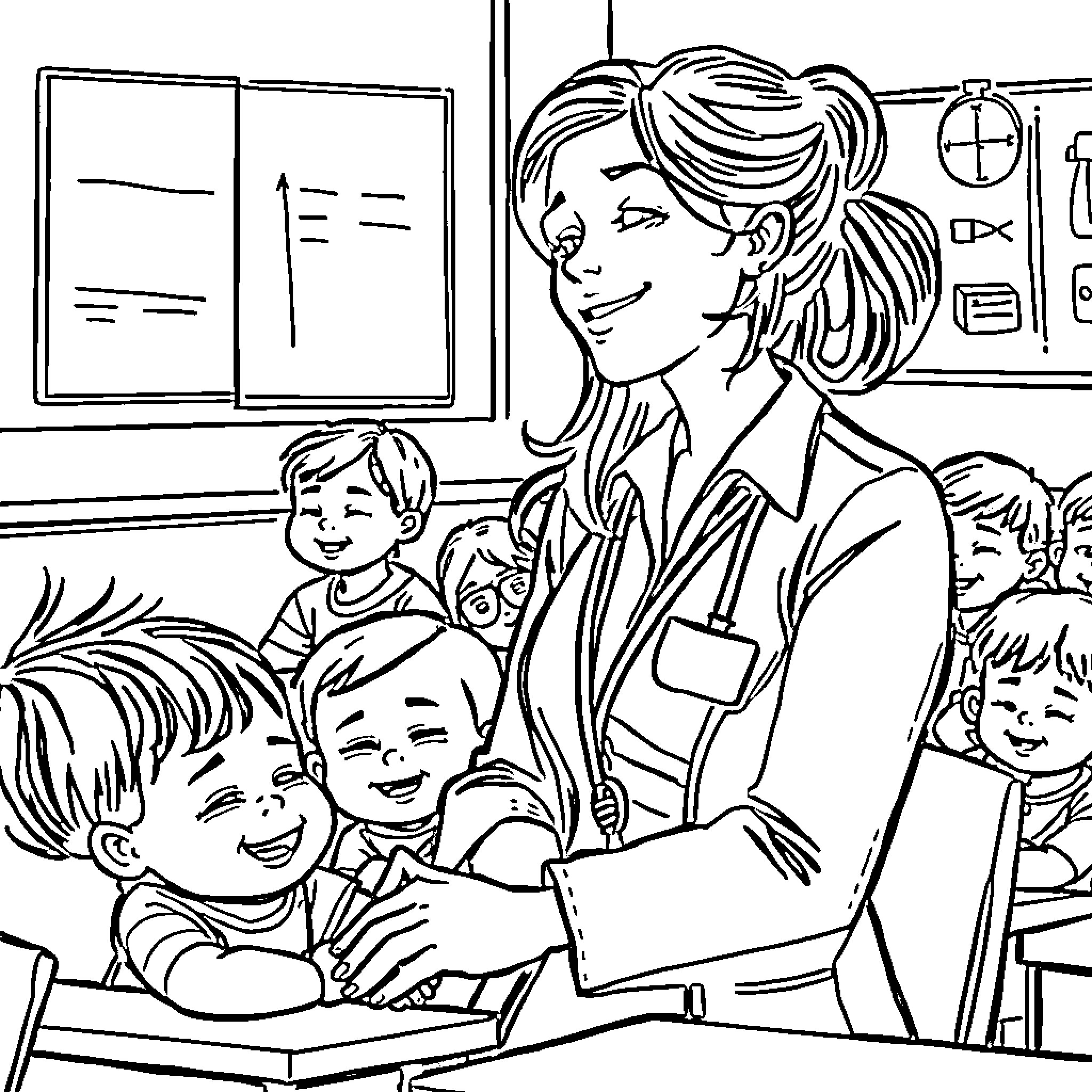 Teacher guiding and interacting with students in classroom Coloring Page (free black-and-white line drawing printable PDF for all, from beginners to advanced learners, including children, teens, adults, and seniors)
