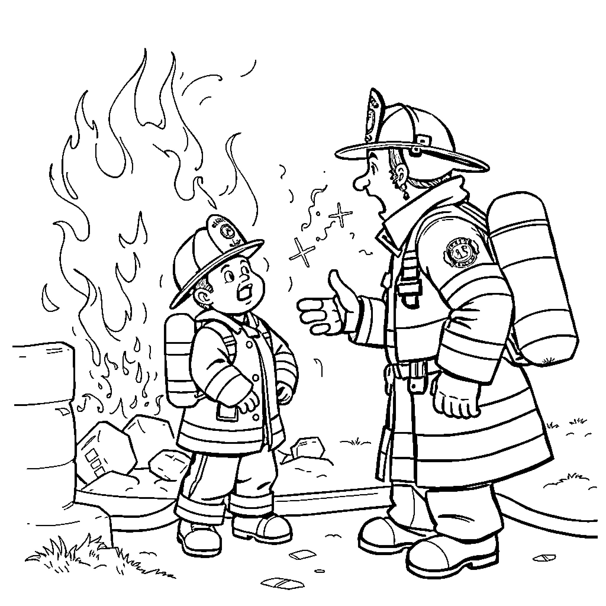 Fire Chief Inspecting Young Firefighter in Training Coloring Page (free black-and-white line drawing printable PDF for all, from beginners to advanced learners, including children, teens, adults, and seniors)