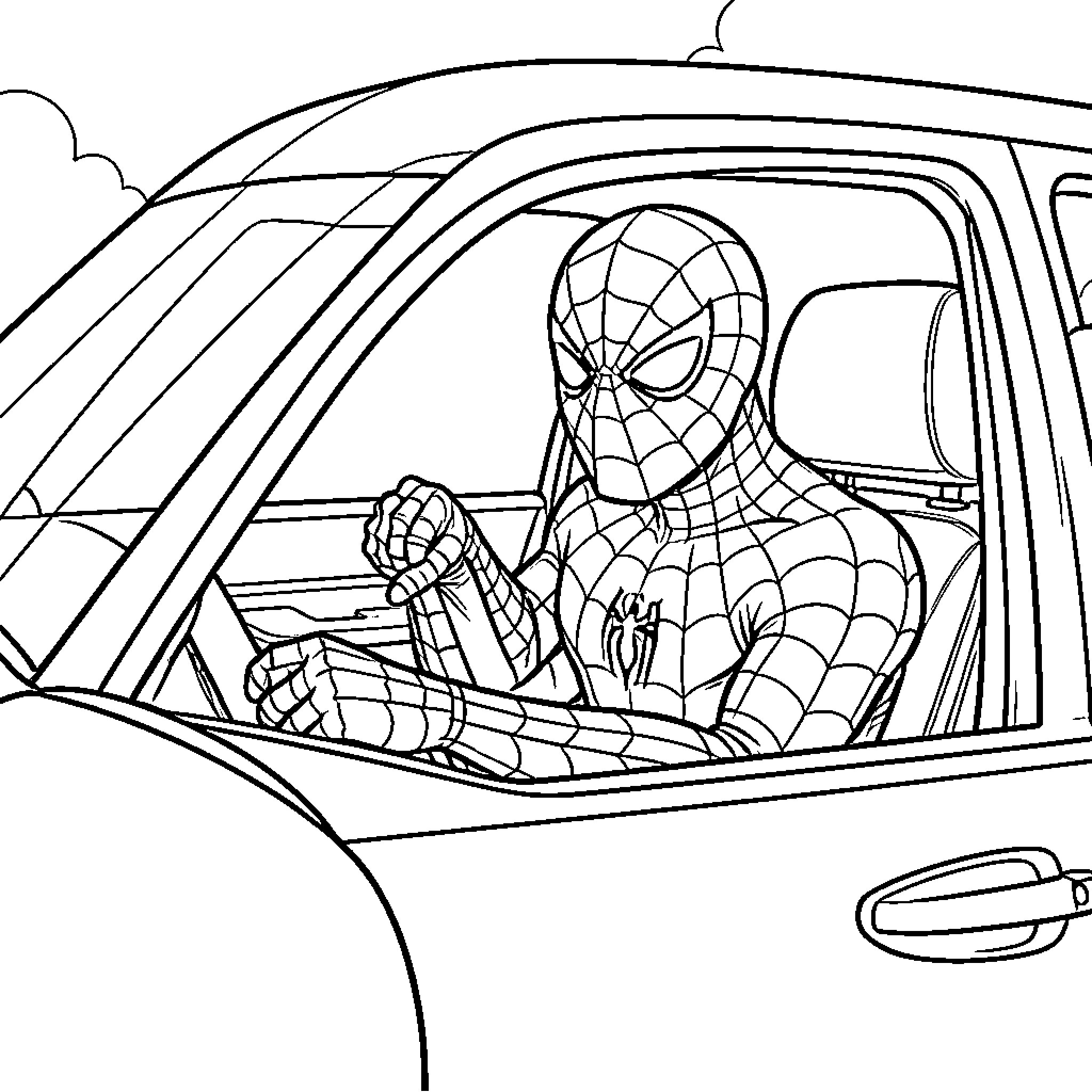 Spiderman driving a car with a determined expression Coloring Page (free black-and-white line drawing printable PDF for all, from beginners to advanced learners, including children, teens, adults, and seniors)