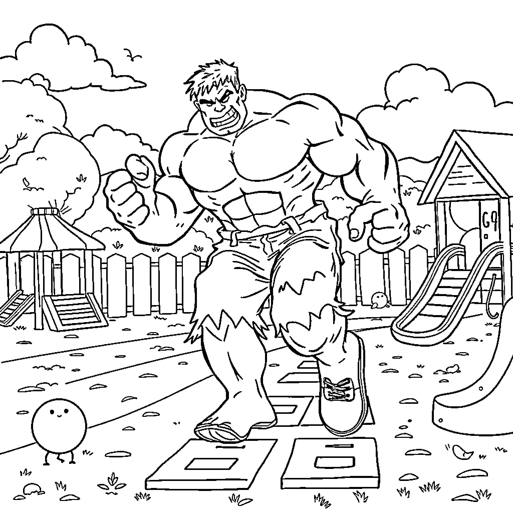 Hulk smashing through a playground Coloring Page (free black-and-white line drawing printable PDF for all, from beginners to advanced learners, including children, teens, adults, and seniors)