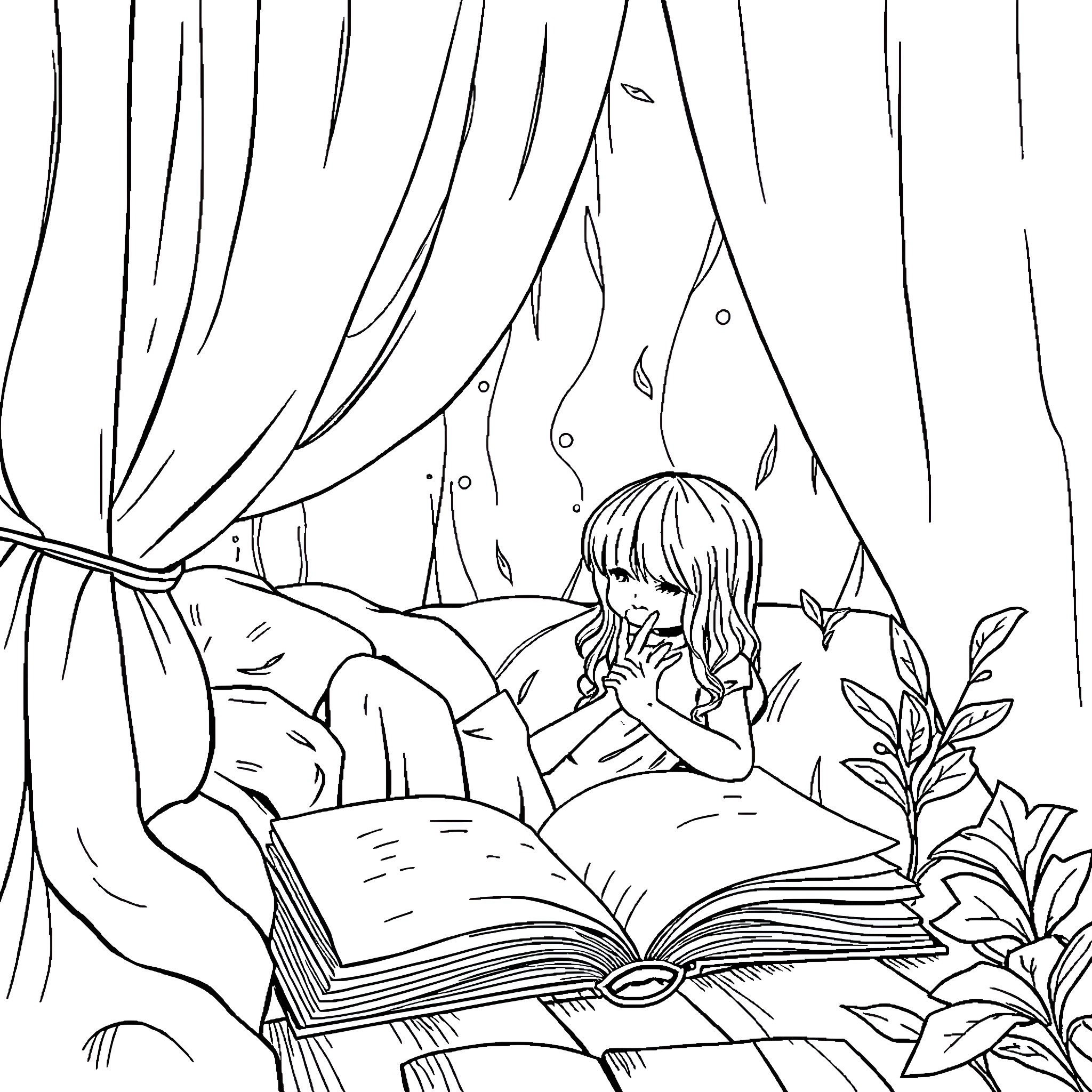 Book of Imagination: Girl Reads in Cozy Sanctuary Coloring Page (free black-and-white line drawing printable PDF for all, from beginners to advanced learners, including children, teens, adults, and seniors)