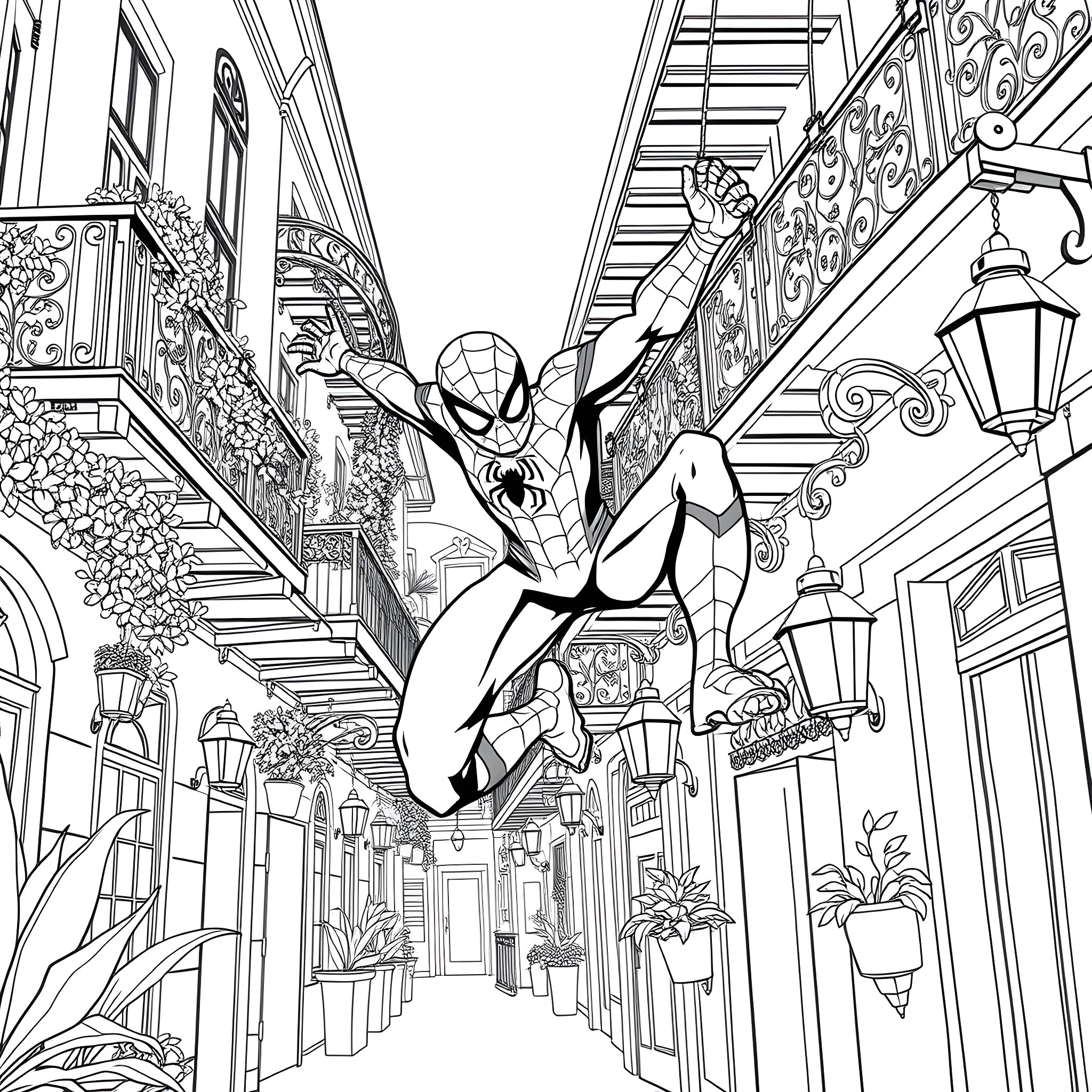 Spider-Man swinging through a whimsical city street Coloring Page (free black-and-white line drawing printable PDF for all, from beginners to advanced learners, including children, teens, adults, and seniors)