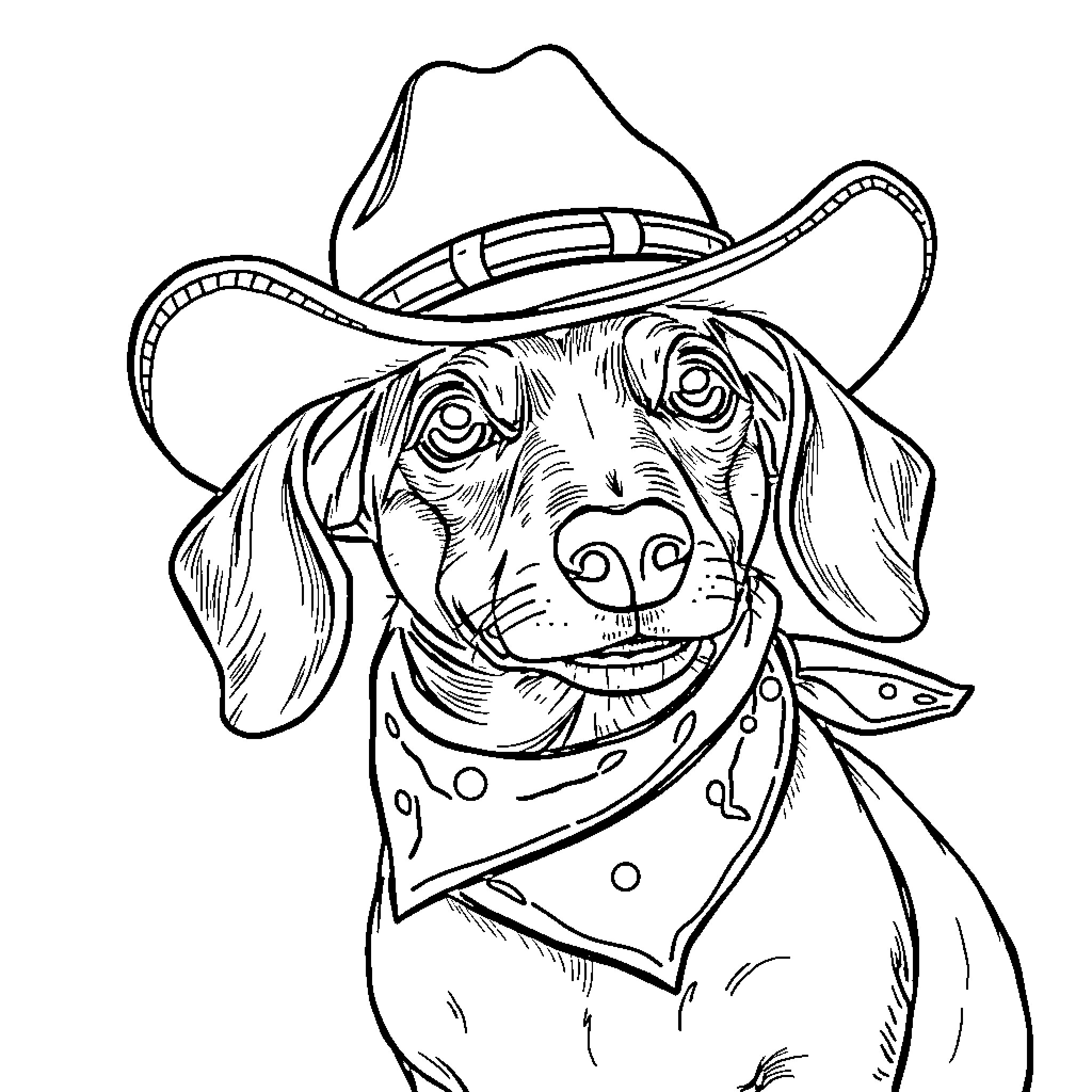 Dachshund wearing a cowboy hat and bandana Coloring Page (free black-and-white line drawing printable PDF for all, from beginners to advanced learners, including children, teens, adults, and seniors)