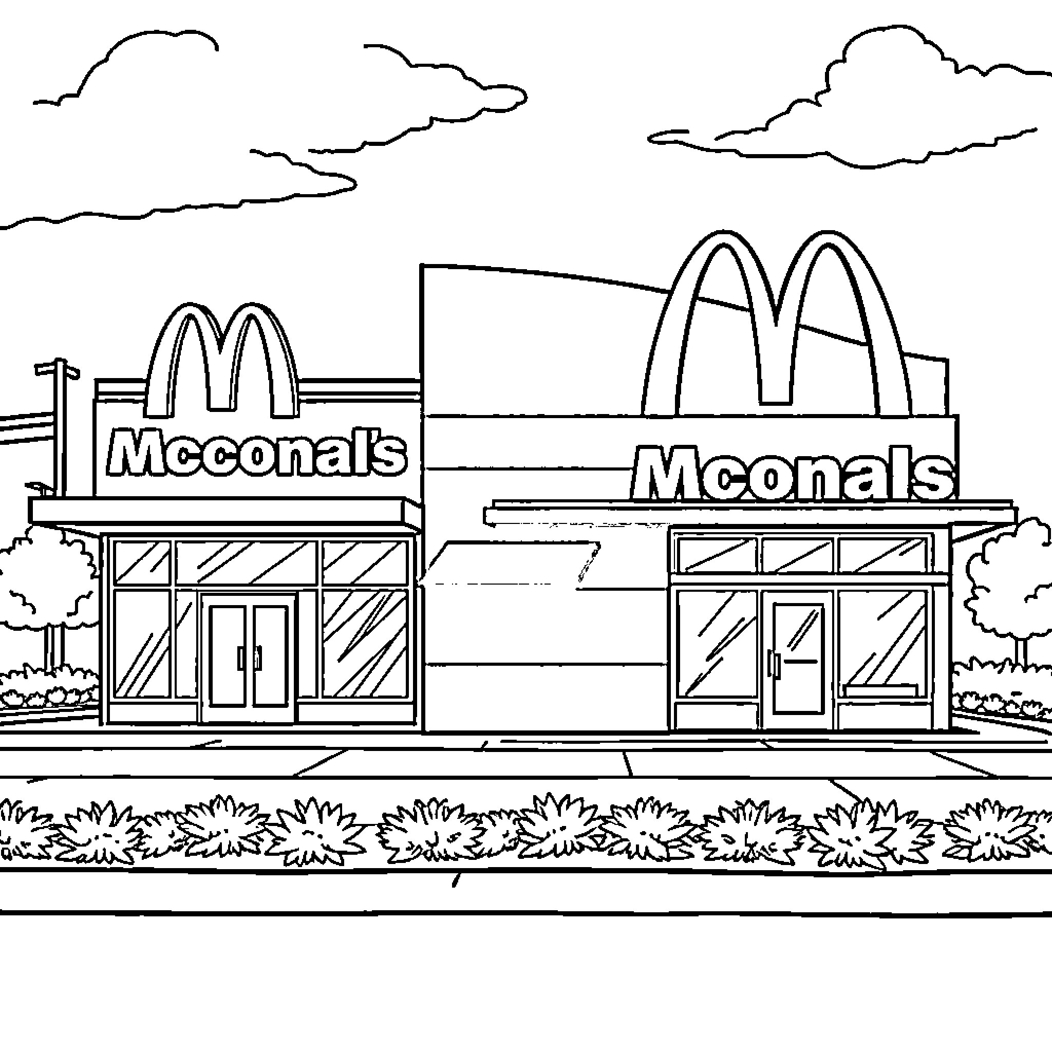 McDonald's restaurant exterior scene Coloring Page (free black-and-white line drawing printable PDF for all, from beginners to advanced learners, including children, teens, adults, and seniors)