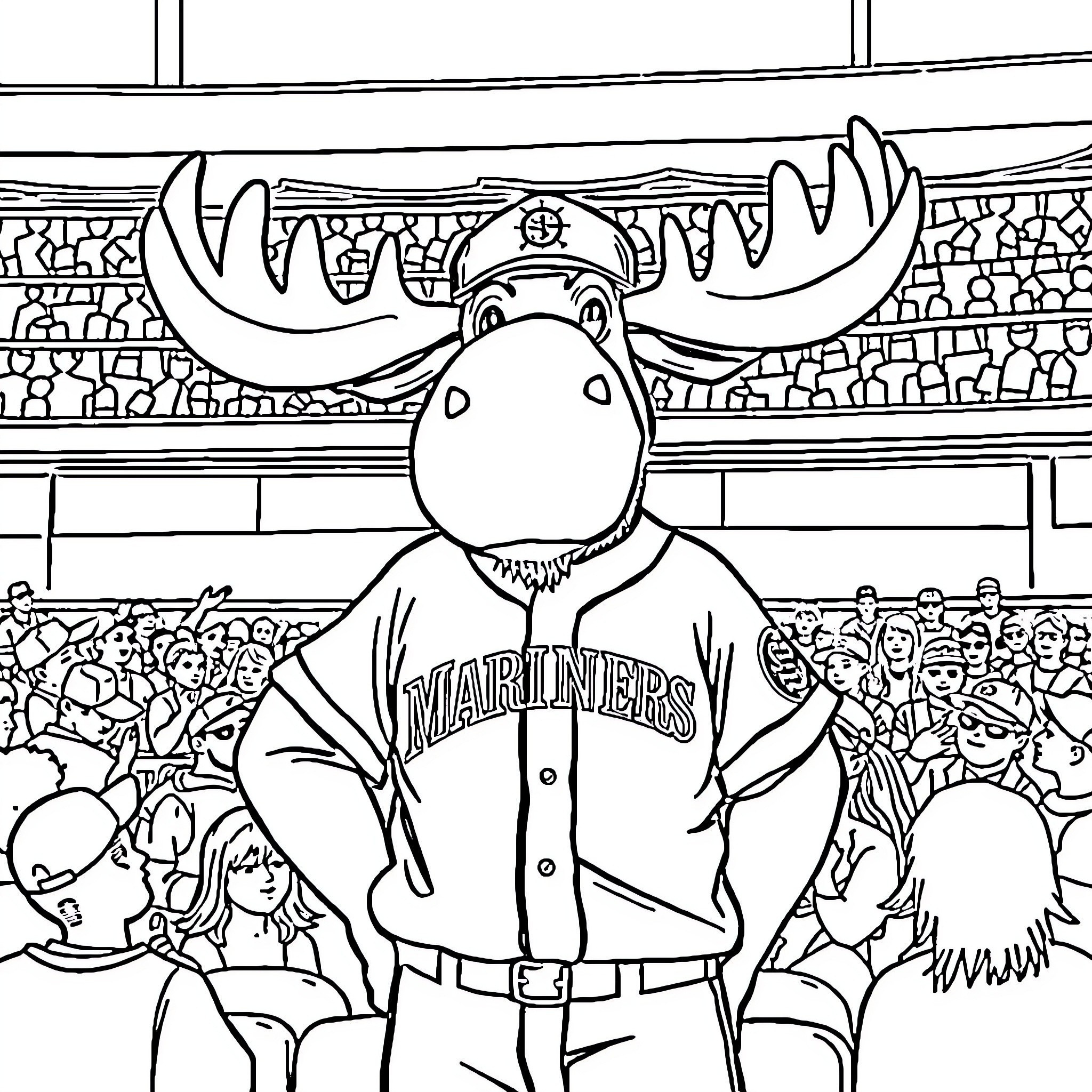 Moose mascot entertaining the crowd at a baseball game Coloring Page (free black-and-white line drawing printable PDF for all, from beginners to advanced learners, including children, teens, adults, and seniors)