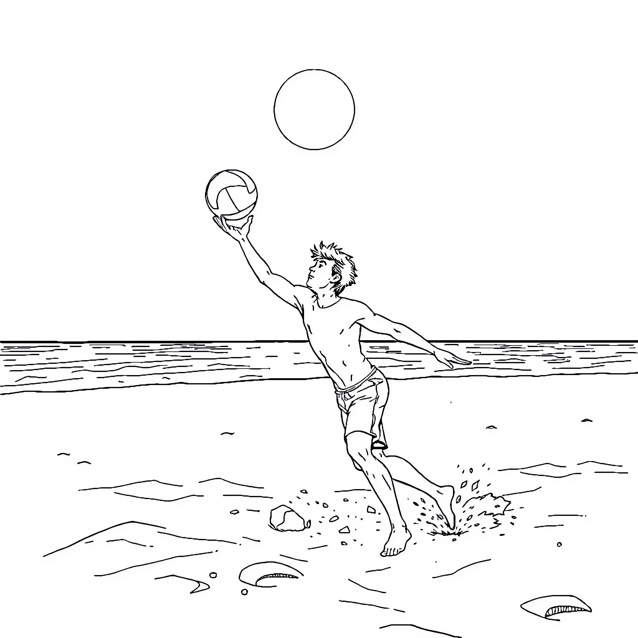 Steve playing volleyball in the water Coloring Page (free black-and-white line drawing printable PDF for all, from beginners to advanced learners, including children, teens, adults, and seniors)