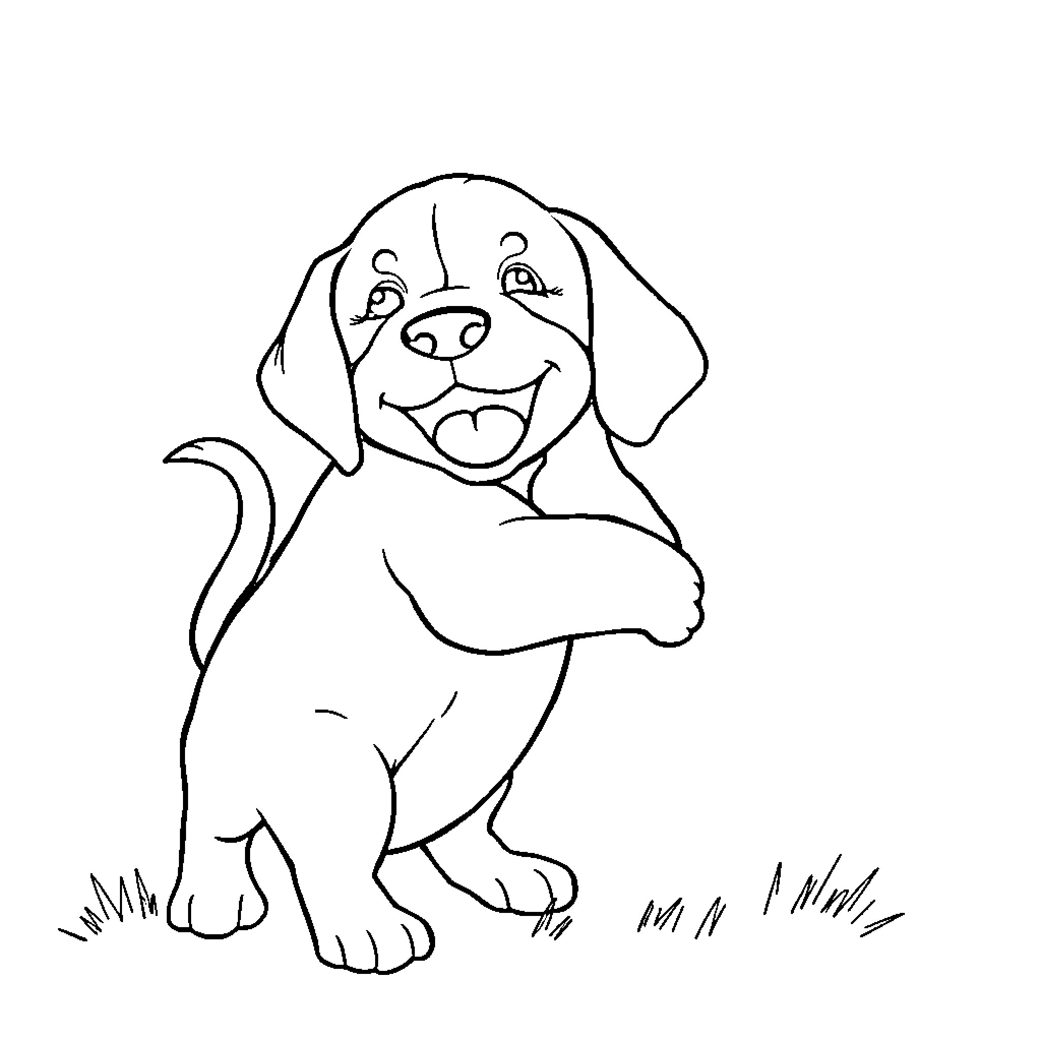 Beagle pup playing joyfully in the yard Coloring Page (free black-and-white line drawing printable PDF for all, from beginners to advanced learners, including children, teens, adults, and seniors)