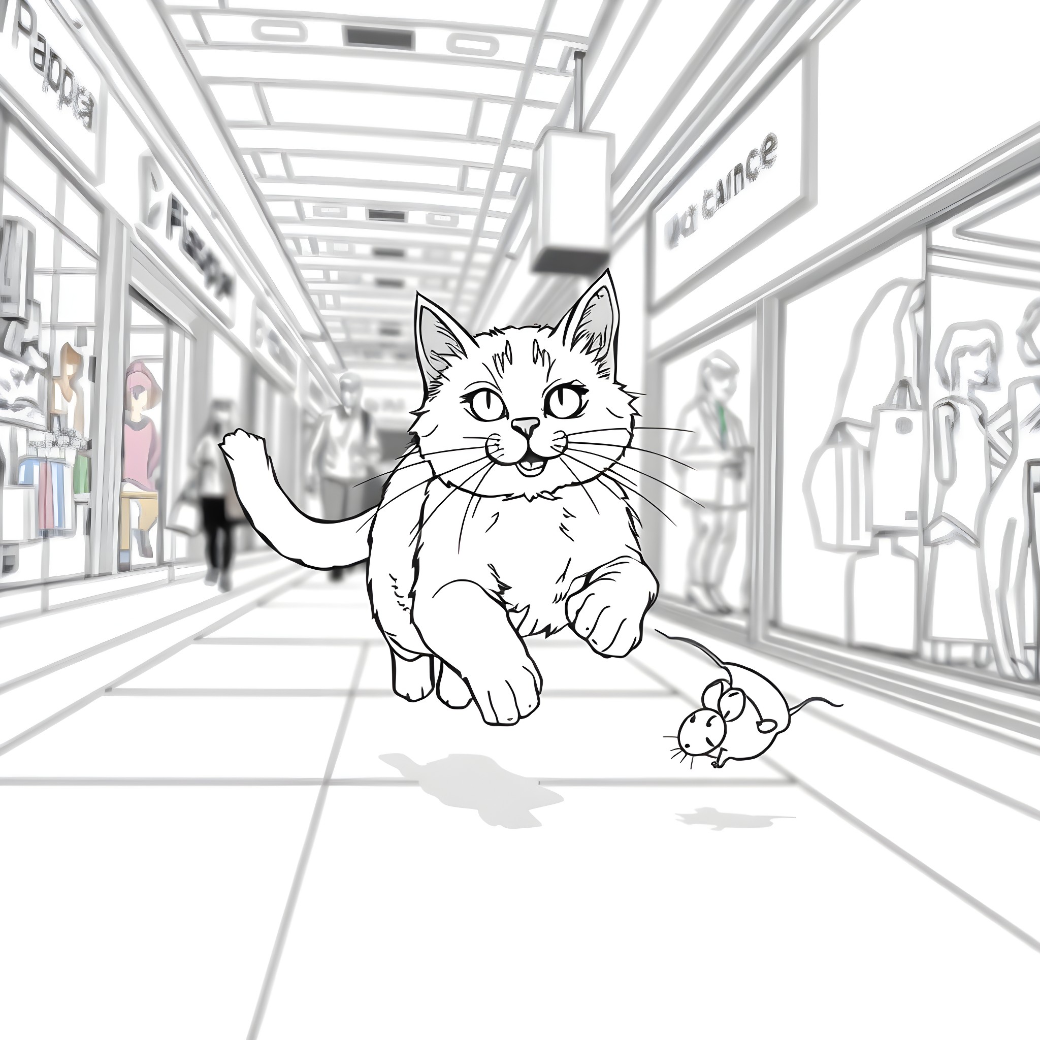 Cat exploring a busy shopping mall Coloring Page (free black-and-white line drawing printable PDF for all, from beginners to advanced learners, including children, teens, adults, and seniors)