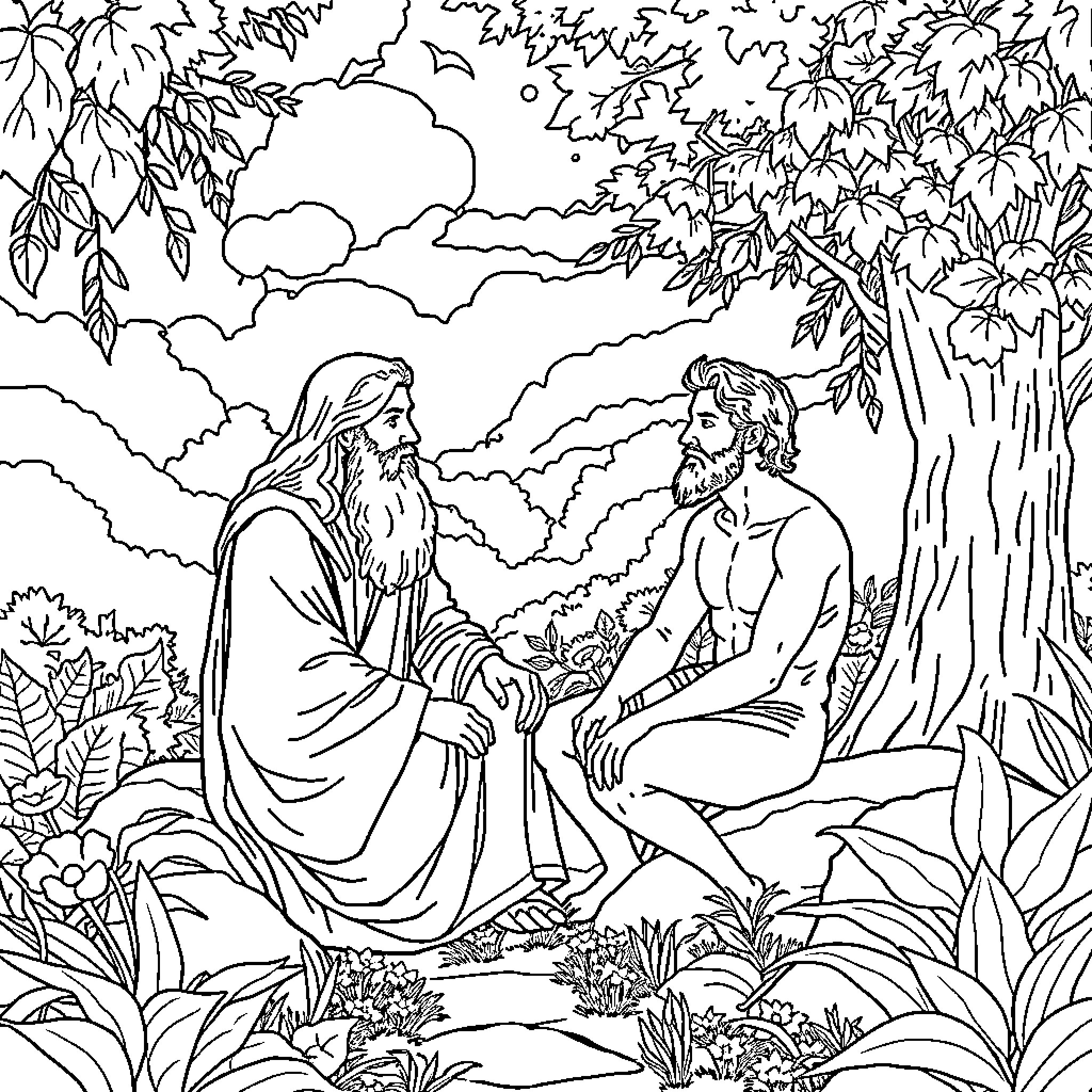 God's Discourse with Man in the Garden Coloring Page (free black-and-white line drawing printable PDF for all, from beginners to advanced learners, including children, teens, adults, and seniors)
