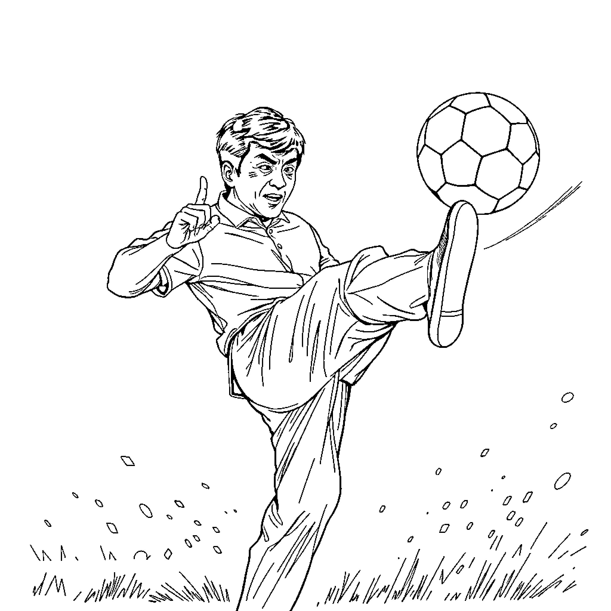 Jackie Chan performing soccer skills on the field Coloring Page (free black-and-white line drawing printable PDF for all, from beginners to advanced learners, including children, teens, adults, and seniors)
