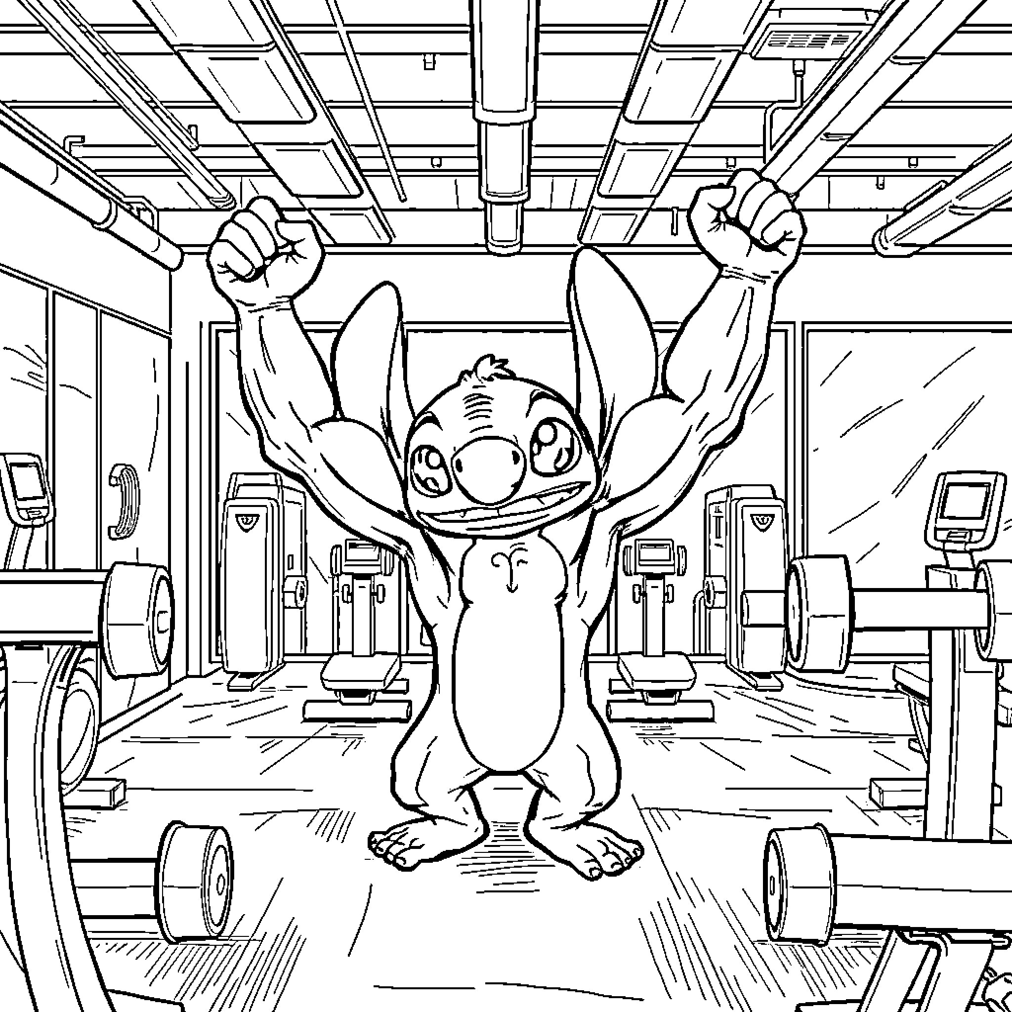 Stitch's Energetic Workout in the Gym Coloring Page (free black-and-white line drawing printable PDF for all, from beginners to advanced learners, including children, teens, adults, and seniors)