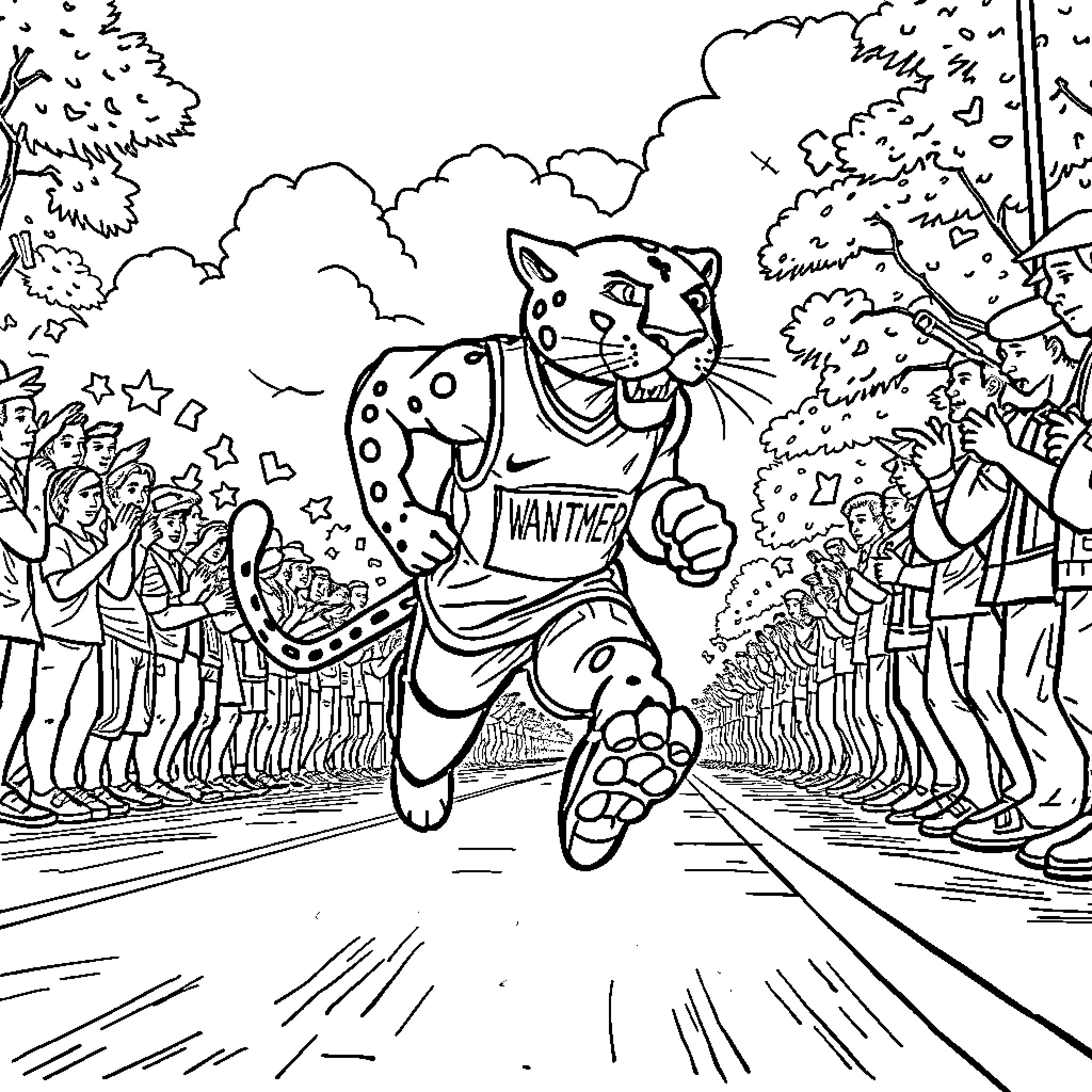 Panther sprinting through a cheering crowd Coloring Page (free black-and-white line drawing printable PDF for all, from beginners to advanced learners, including children, teens, adults, and seniors)