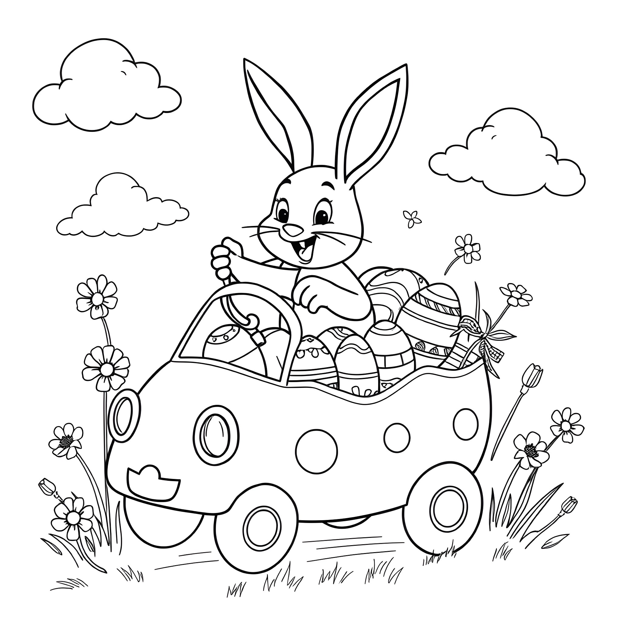 Bunny driving a car filled with Easter eggs and flowers Coloring Page (free black-and-white line drawing printable PDF for all, from beginners to advanced learners, including children, teens, adults, and seniors)