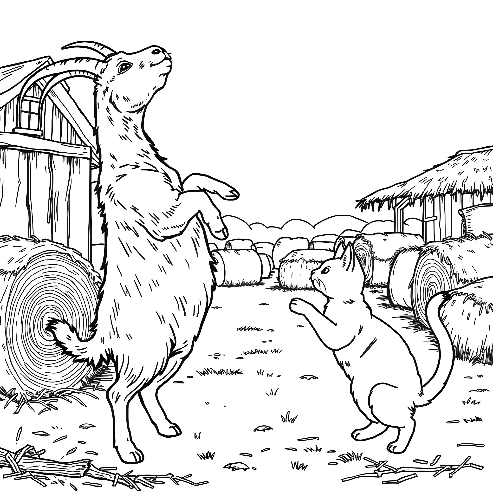 Goats exploring a rural farm scene Coloring Page (free black-and-white line drawing printable PDF for all, from beginners to advanced learners, including children, teens, adults, and seniors)