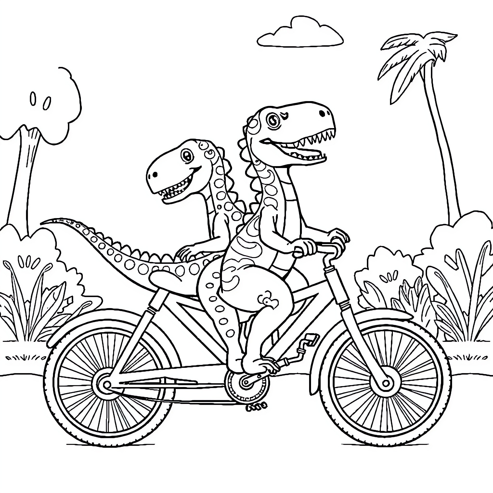 Dinosaurs riding bicycles in the park Coloring Page (free black-and-white line drawing printable PDF for all, from beginners to advanced learners, including children, teens, adults, and seniors)