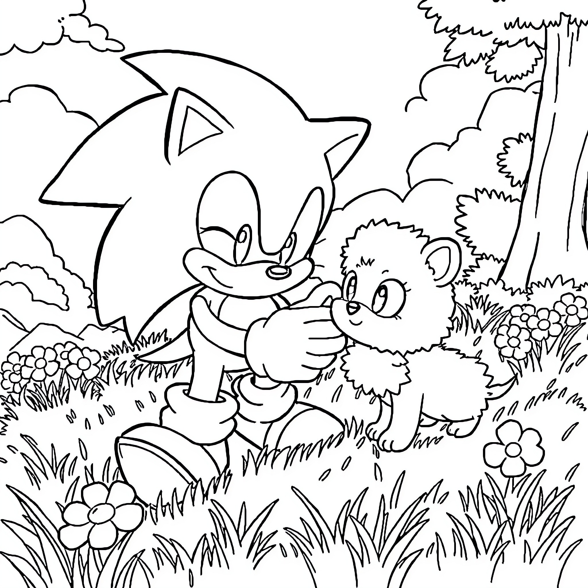 Sonic helping a forest creature Coloring Page (free black-and-white line drawing printable PDF for all, from beginners to advanced learners, including children, teens, adults, and seniors)