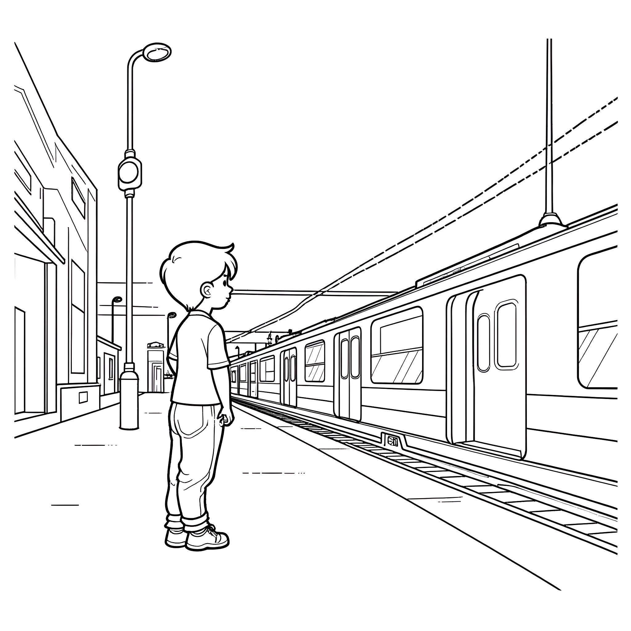 Luca waiting for the train on the platform Coloring Page (free black-and-white line drawing printable PDF for all, from beginners to advanced learners, including children, teens, adults, and seniors)