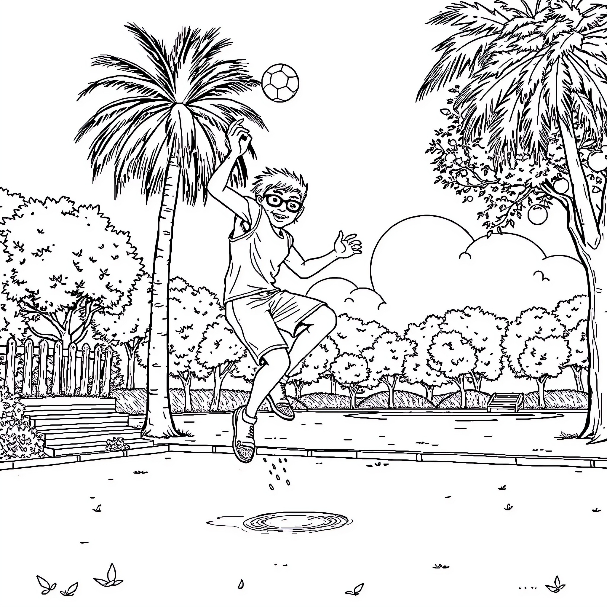 Spider-Man playing soccer on a tropical beach Coloring Page (free black-and-white line drawing printable PDF for all, from beginners to advanced learners, including children, teens, adults, and seniors)