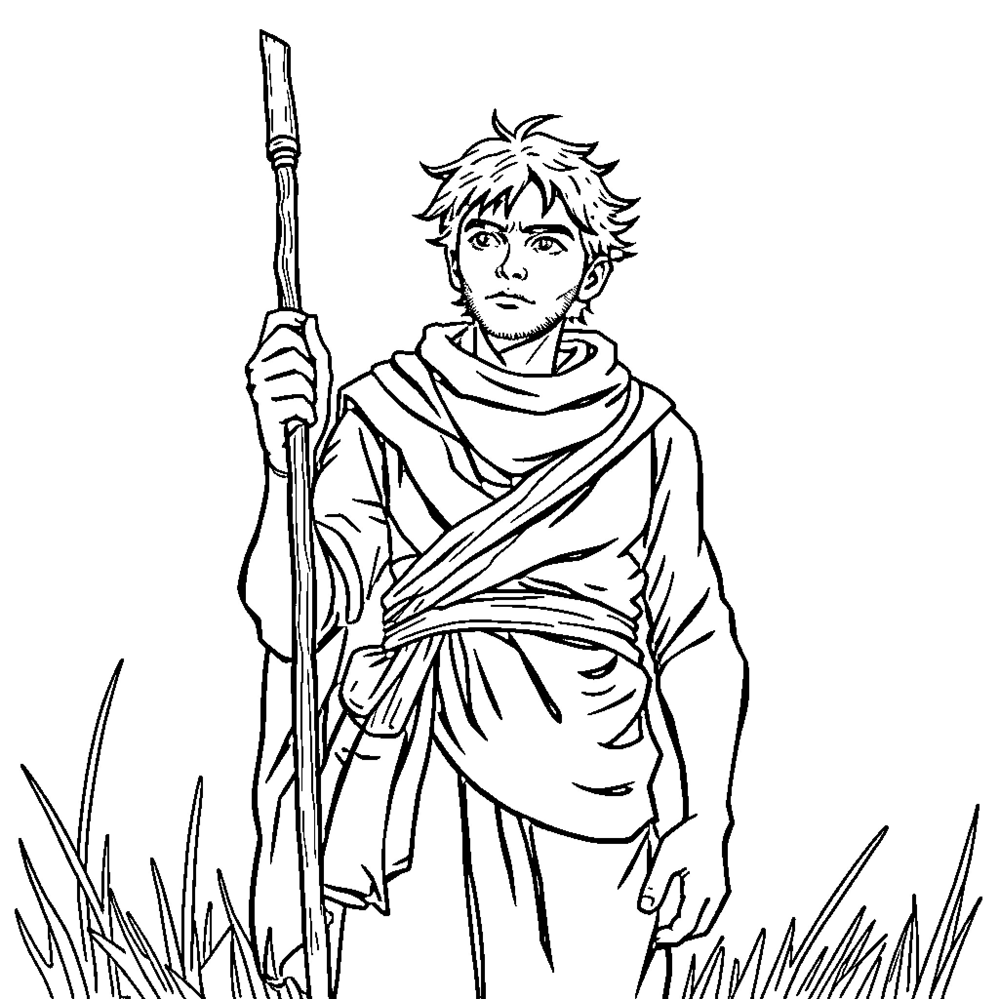 Person standing with spear in grassy field Coloring Page (free black-and-white line drawing printable PDF for all, from beginners to advanced learners, including children, teens, adults, and seniors)