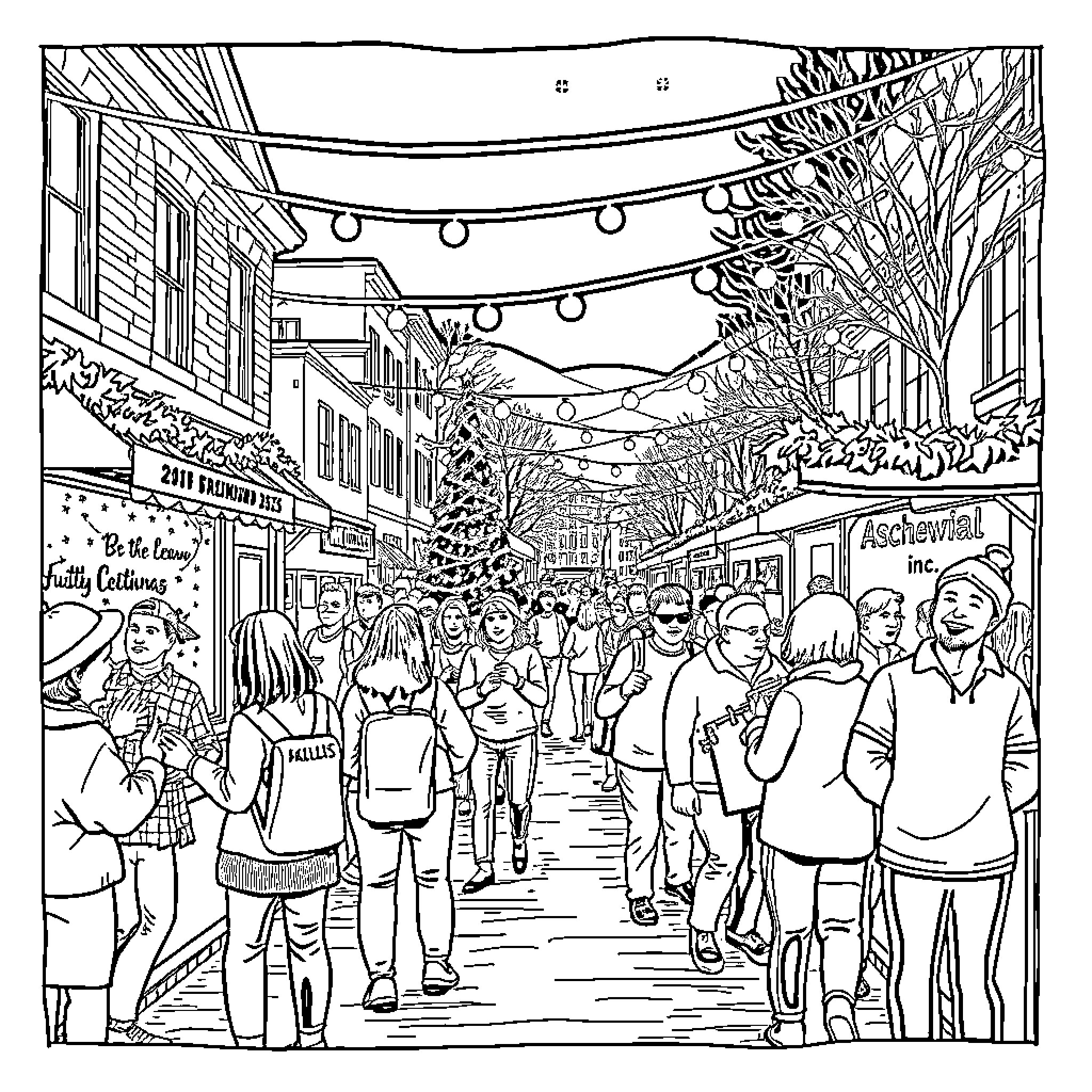 Christmas Celebrations in a Bustling Street Scene Coloring Page (free black-and-white line drawing printable PDF for all, from beginners to advanced learners, including children, teens, adults, and seniors)