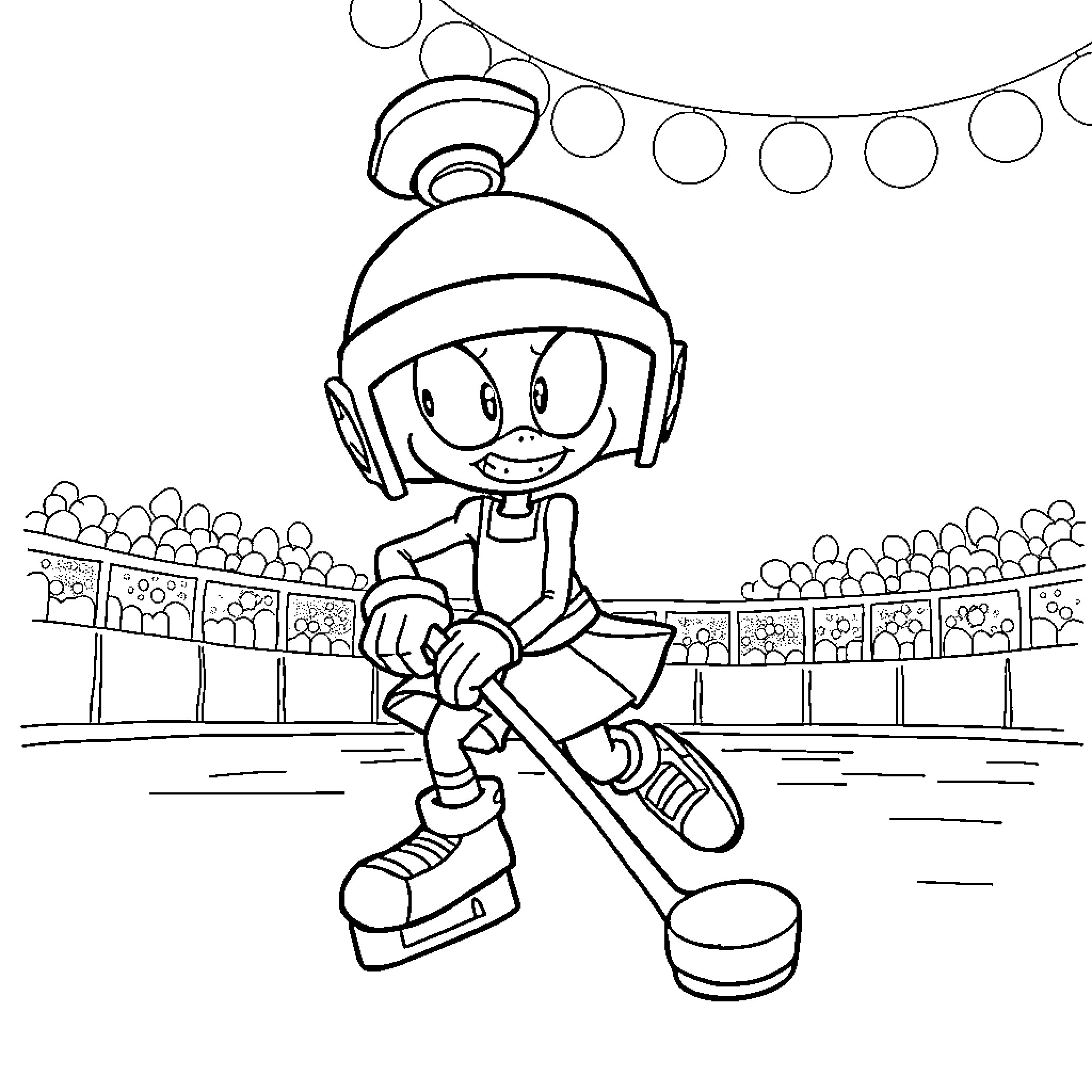 Marvin the Martian playing hockey on the ice rink Coloring Page (free black-and-white line drawing printable PDF for all, from beginners to advanced learners, including children, teens, adults, and seniors)