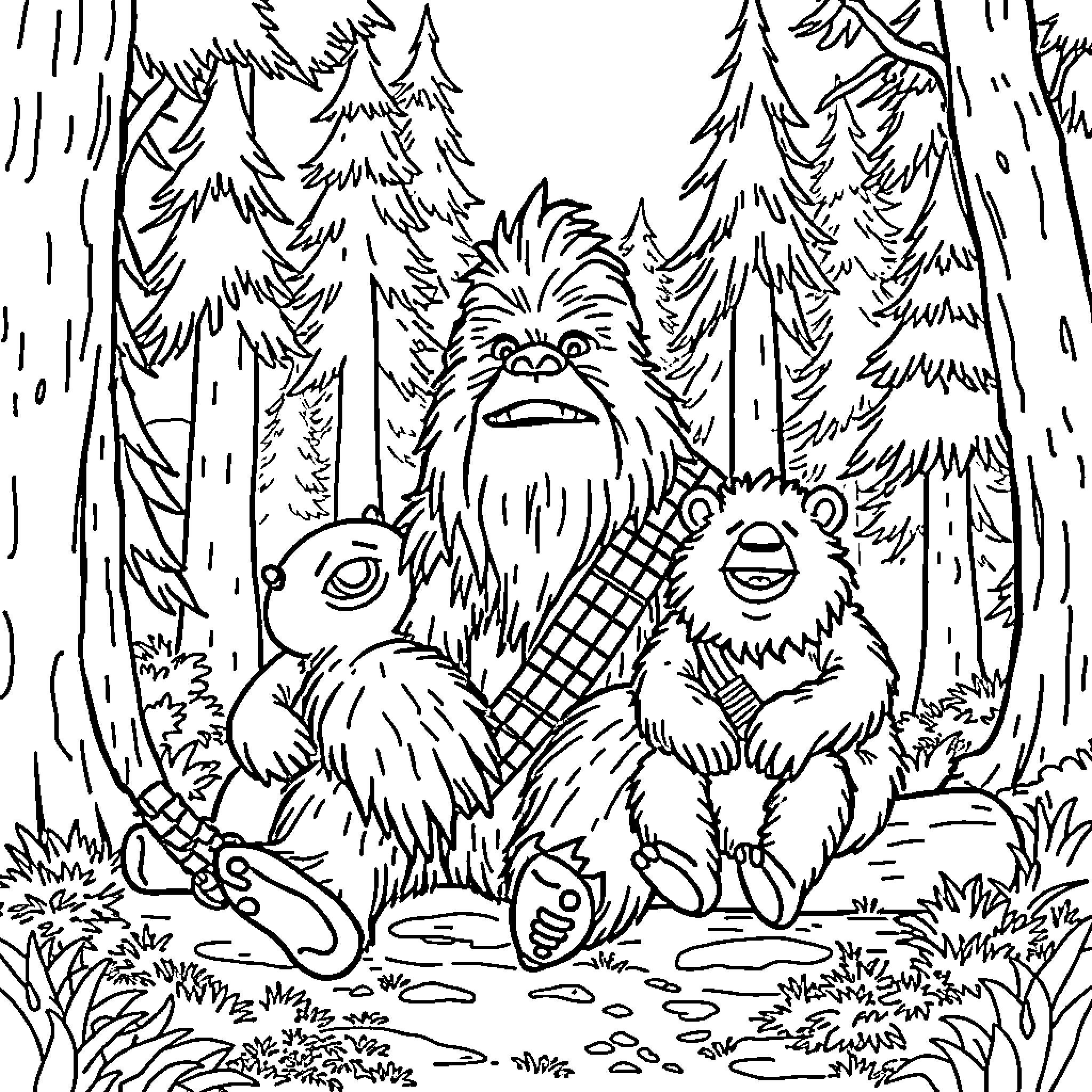Chewbacca and friends in the forest Coloring Page (free black-and-white line drawing printable PDF for all, from beginners to advanced learners, including children, teens, adults, and seniors)