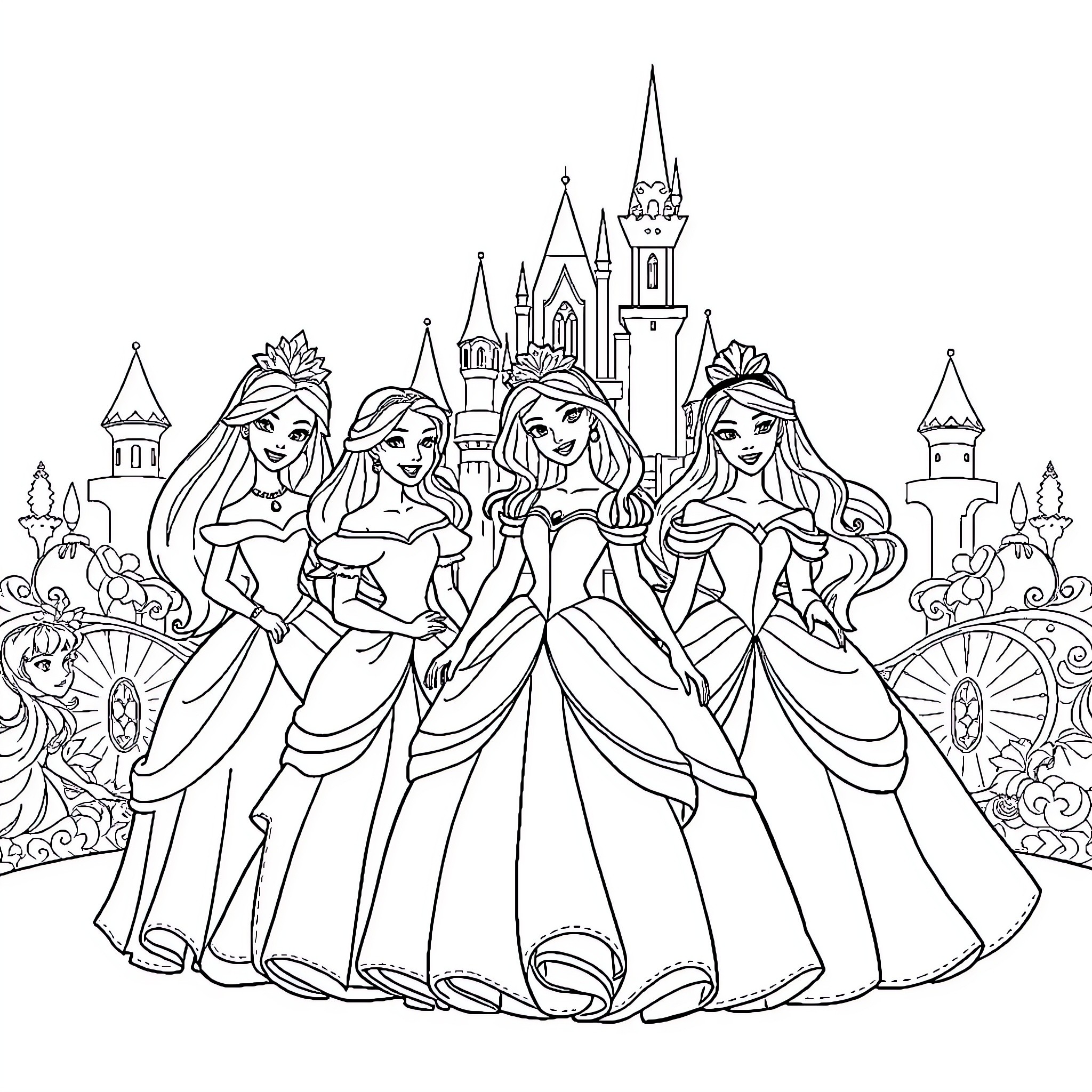 Princess Royalty Posing in Elegant Gowns Coloring Page (free black-and-white line drawing printable PDF for all, from beginners to advanced learners, including children, teens, adults, and seniors)