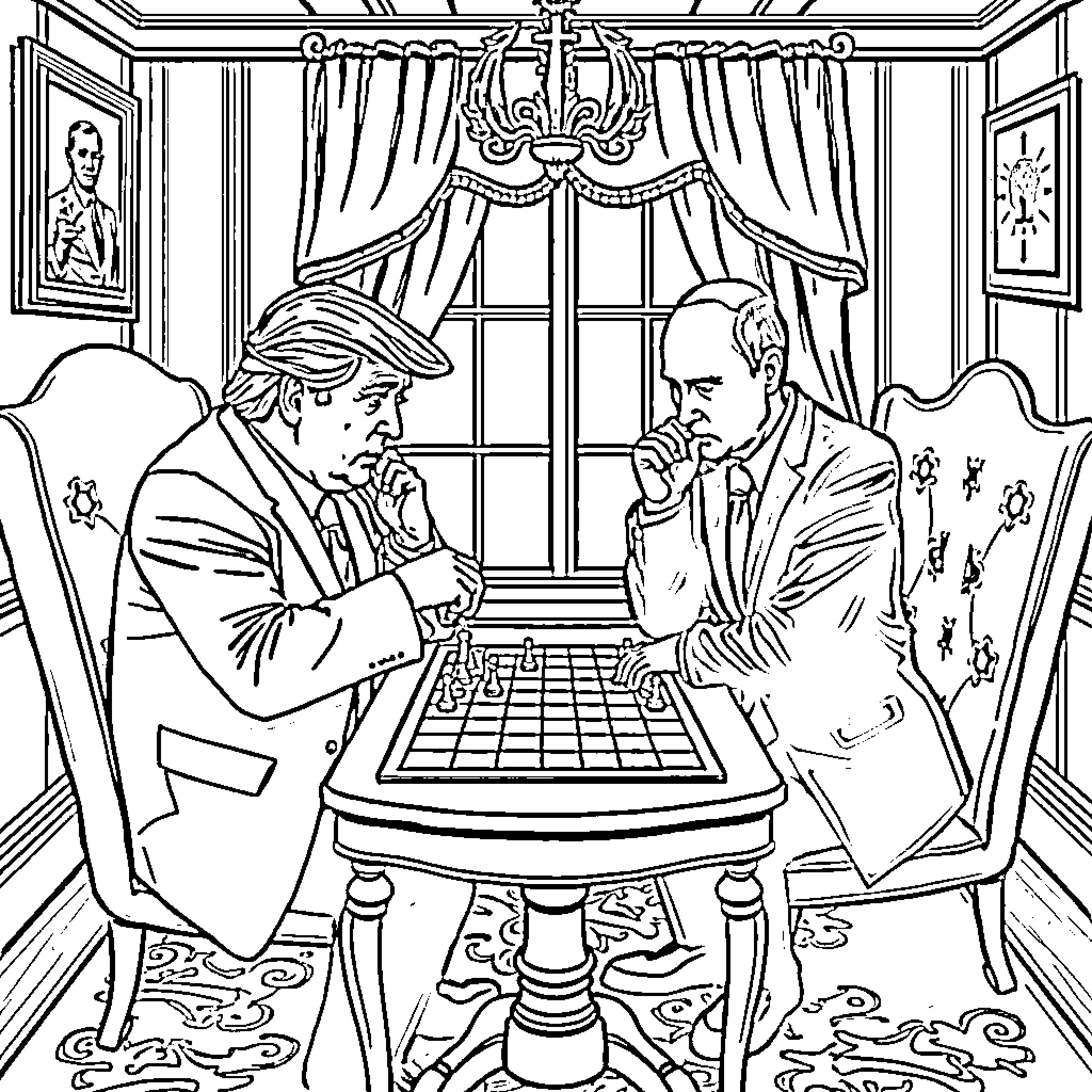 Donald Trump playing chess with Vladimir Putin in ornate room Coloring Page (free black-and-white line drawing printable PDF for all, from beginners to advanced learners, including children, teens, adults, and seniors)