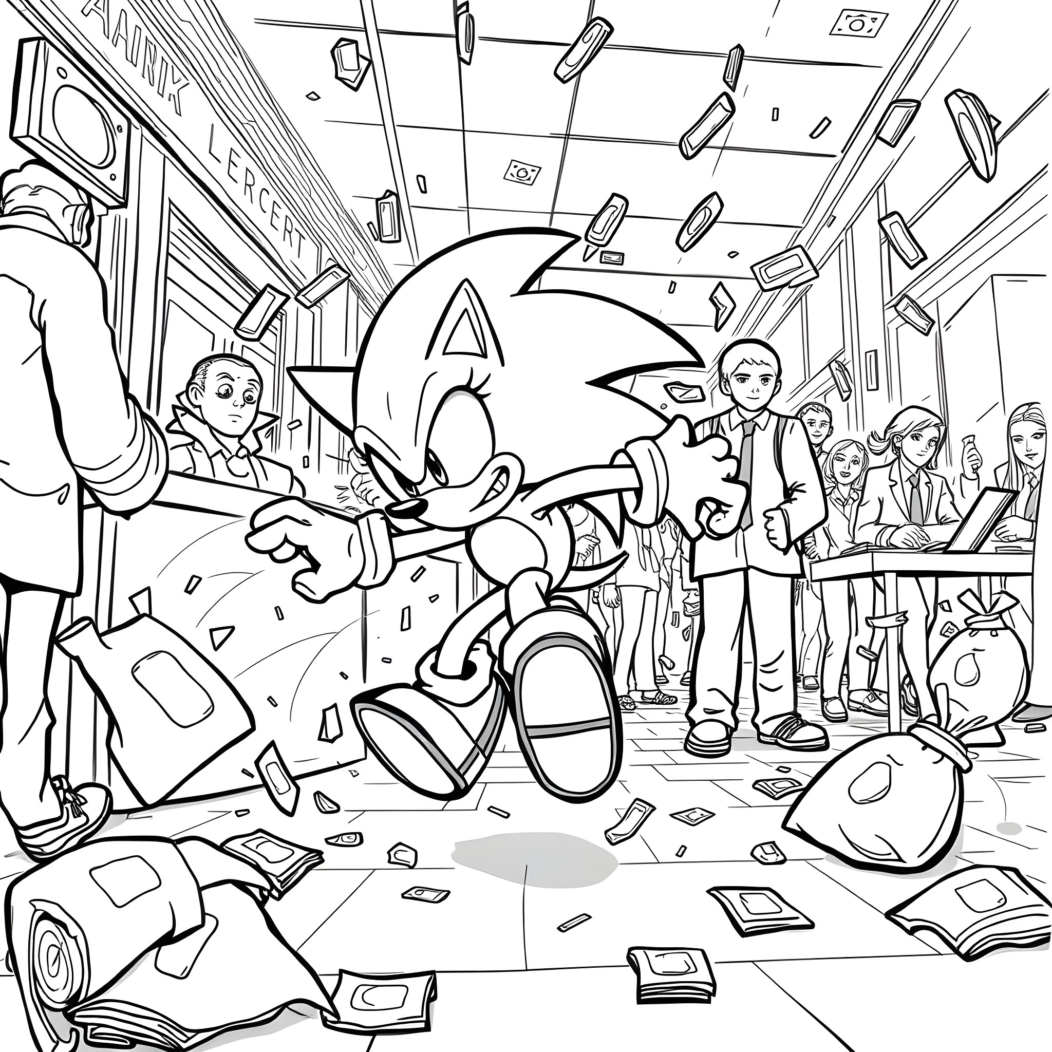 Sonic's Chaotic Adventure on the Train Coloring Page (free black-and-white line drawing printable PDF for all, from beginners to advanced learners, including children, teens, adults, and seniors)