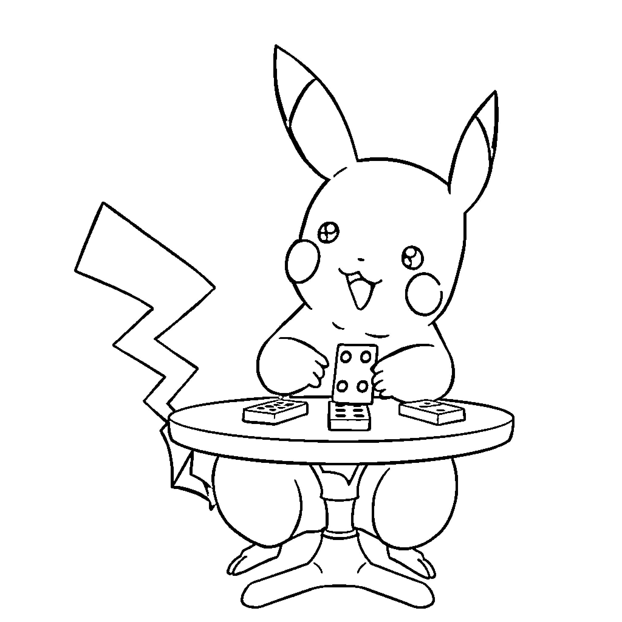 Pikachu playing with building blocks on table Coloring Page (free black-and-white line drawing printable PDF for all, from beginners to advanced learners, including children, teens, adults, and seniors)