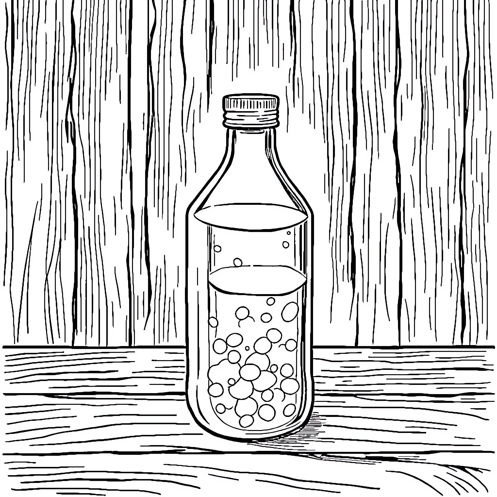 Bottle of bubbles on a wooden background Coloring Page (free black-and-white line drawing printable PDF for all, from beginners to advanced learners, including children, teens, adults, and seniors)
