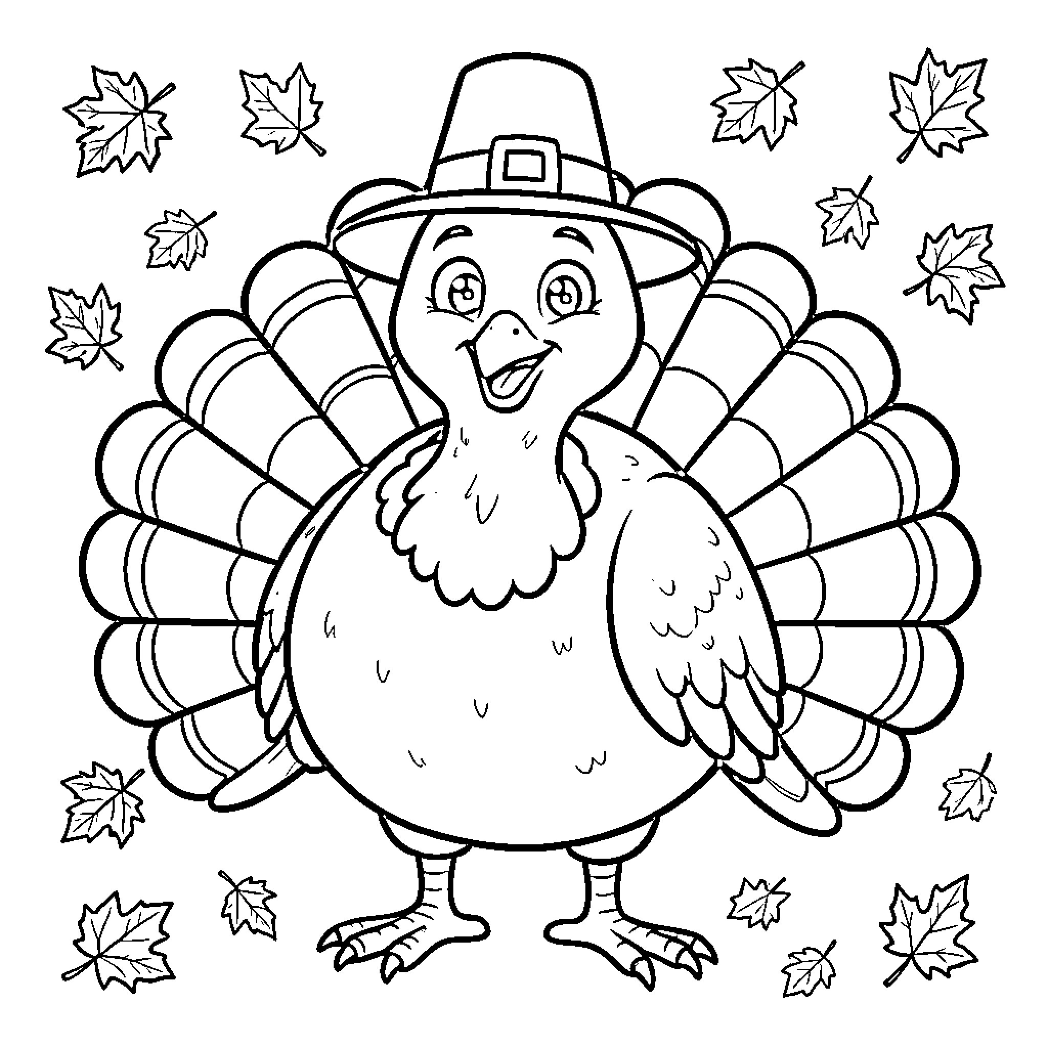 Turkey wearing a pilgrim hat amidst falling leaves Coloring Page (free black-and-white line drawing printable PDF for all, from beginners to advanced learners, including children, teens, adults, and seniors)