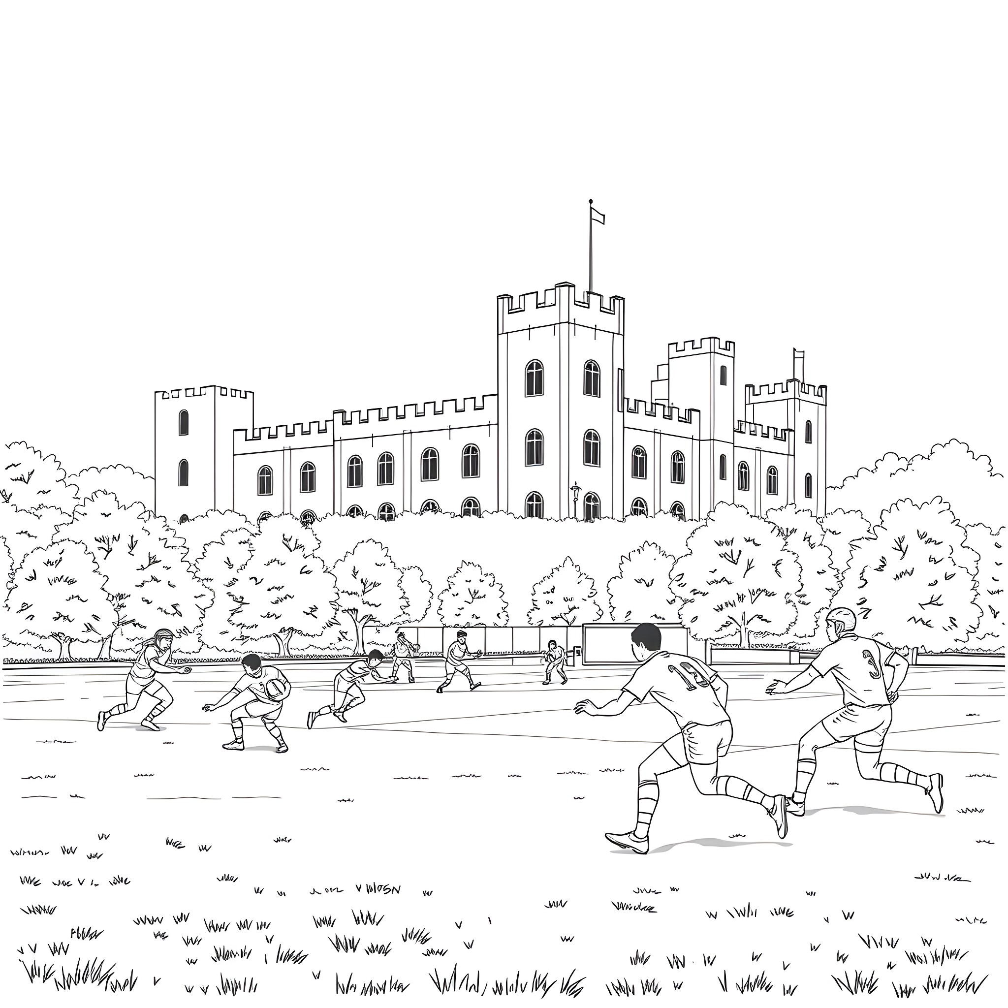 Rugby game in front of medieval castle Coloring Page (free black-and-white line drawing printable PDF for all, from beginners to advanced learners, including children, teens, adults, and seniors)