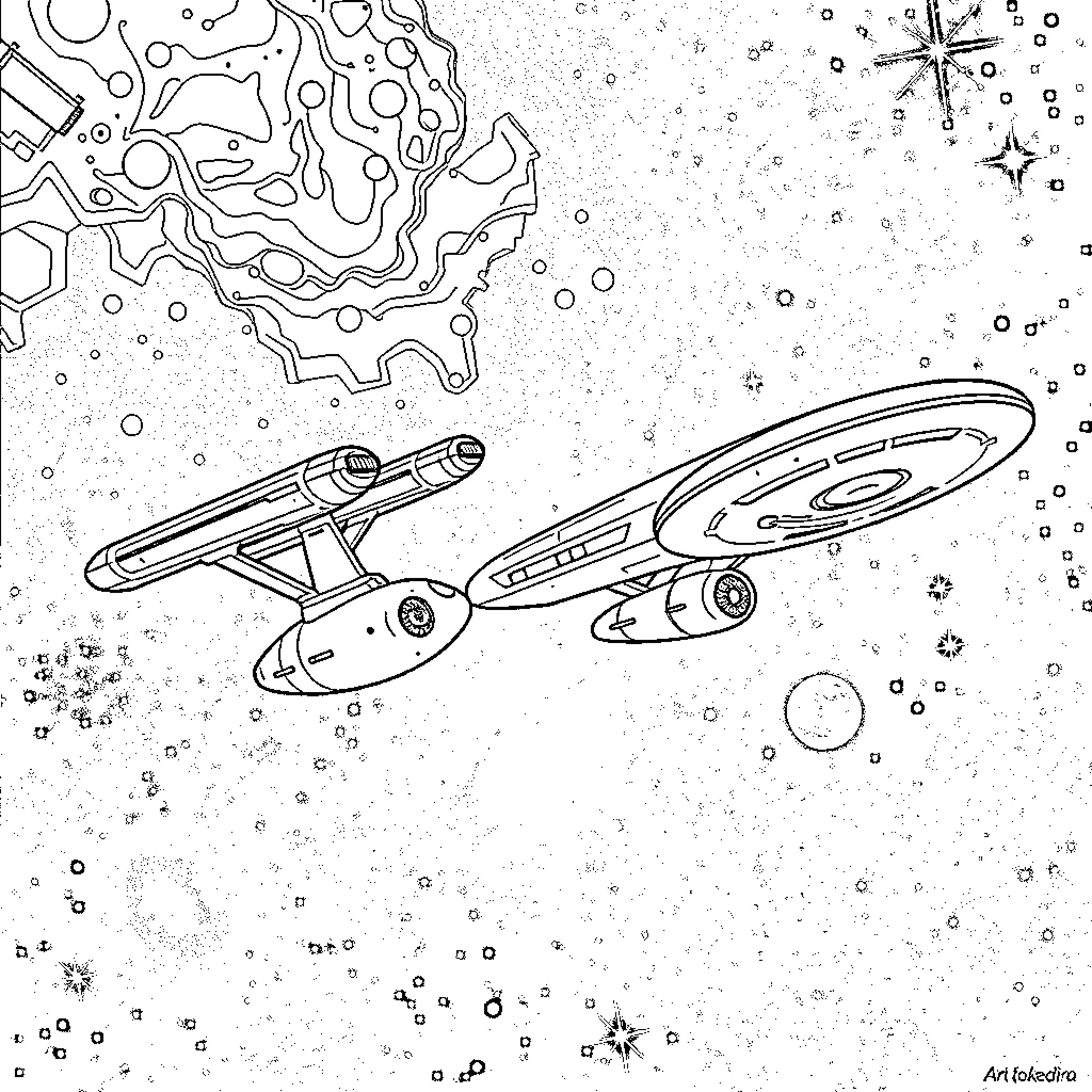 Starship adventure through cosmic landscapes Coloring Page (free black-and-white line drawing printable PDF for all, from beginners to advanced learners, including children, teens, adults, and seniors)