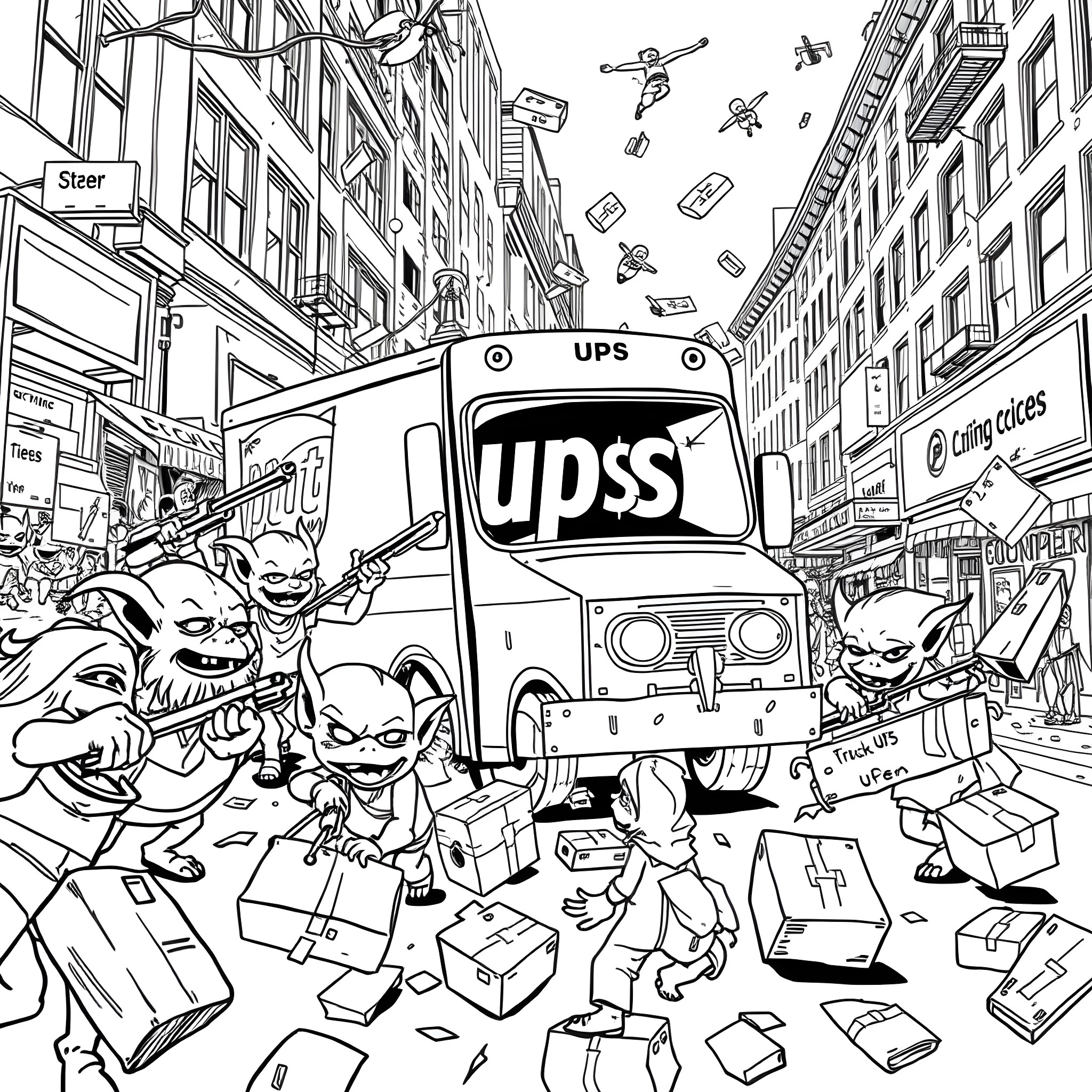 Goblin Delivery Chaos in the City Streets Coloring Page (free black-and-white line drawing printable PDF for all, from beginners to advanced learners, including children, teens, adults, and seniors)