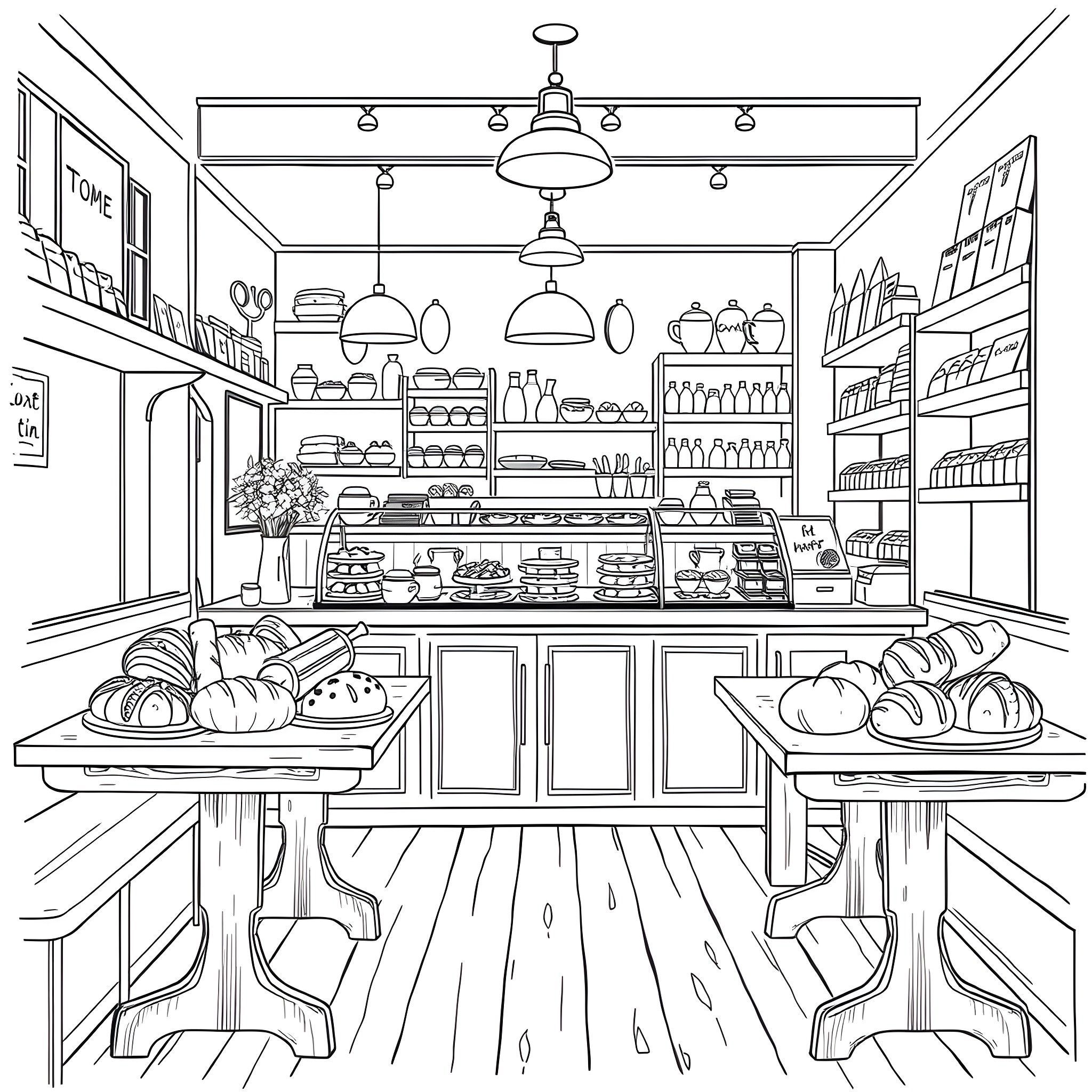 Shop with various goods and displays Coloring Page (free black-and-white line drawing printable PDF for all, from beginners to advanced learners, including children, teens, adults, and seniors)