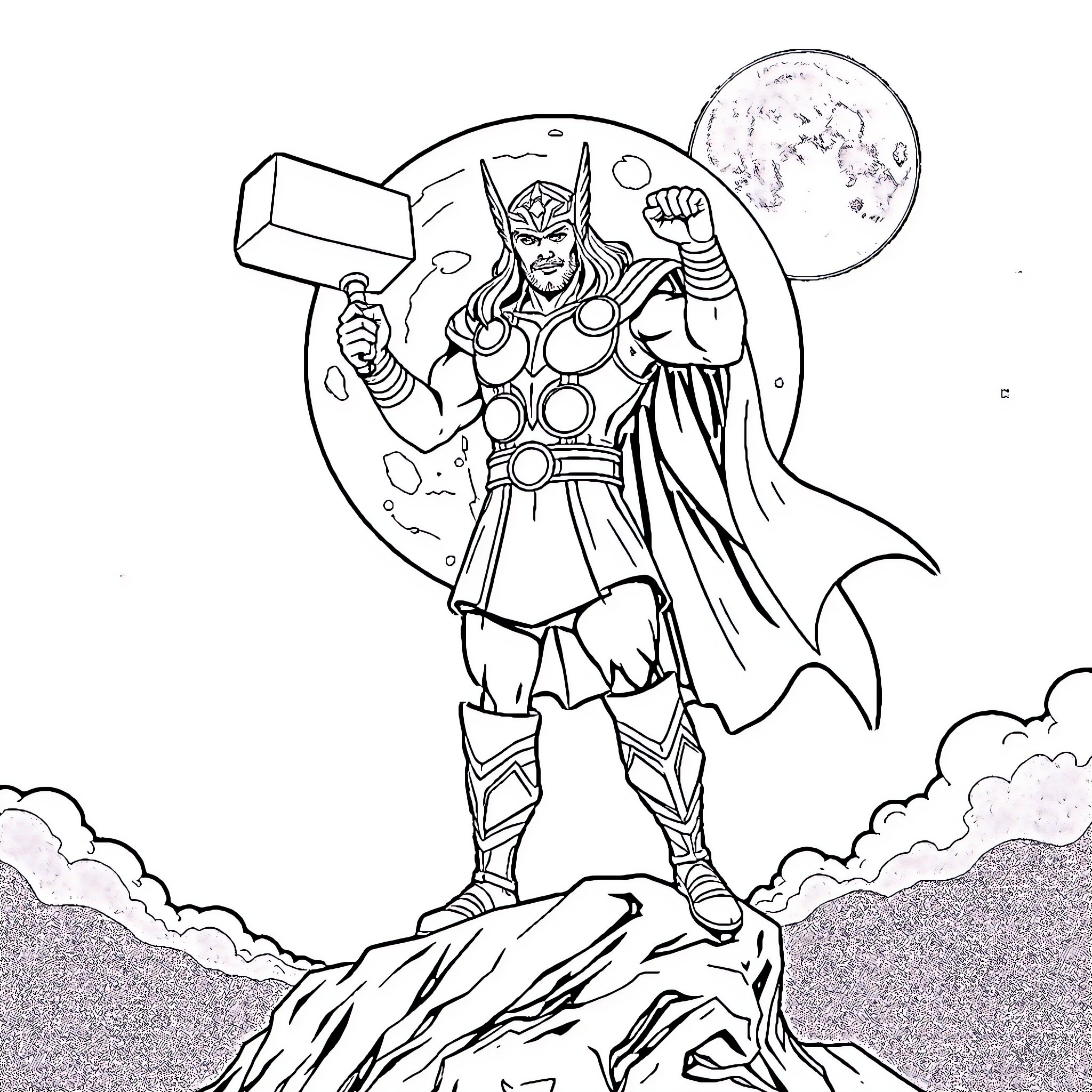 Thor wielding mighty hammer on rocky terrain Coloring Page (free black-and-white line drawing printable PDF for all, from beginners to advanced learners, including children, teens, adults, and seniors)