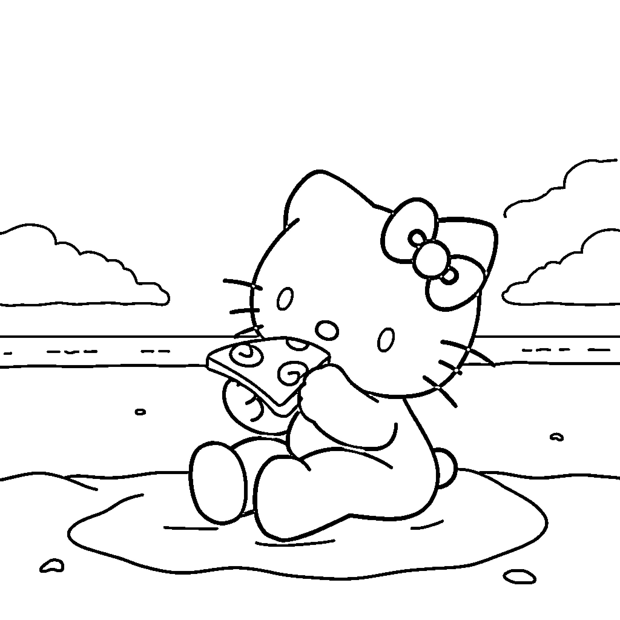 Hello Kitty playing with a fish on the beach Coloring Page (free black-and-white line drawing printable PDF for all, from beginners to advanced learners, including children, teens, adults, and seniors)