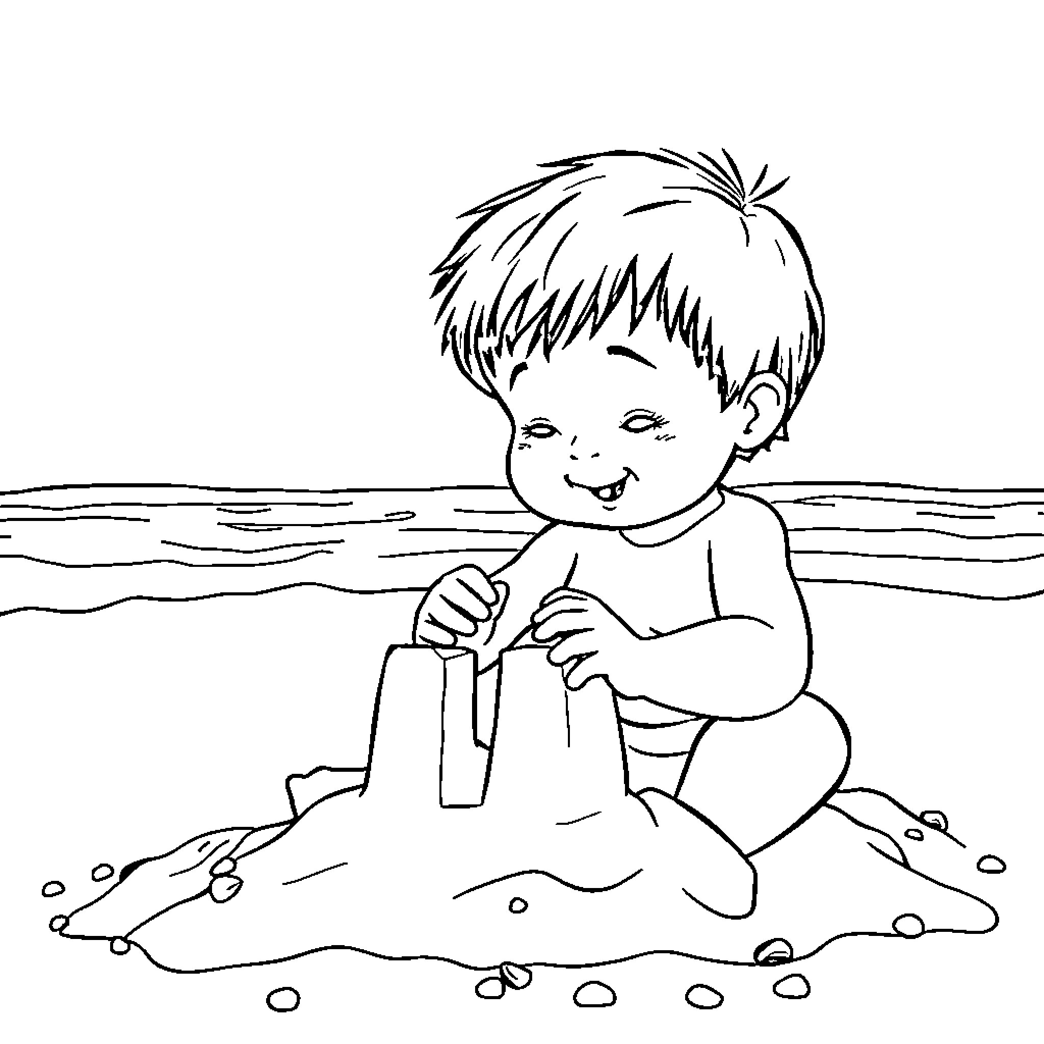 Bebe playing happily in the sand Coloring Page (free black-and-white line drawing printable PDF for all, from beginners to advanced learners, including children, teens, adults, and seniors)
