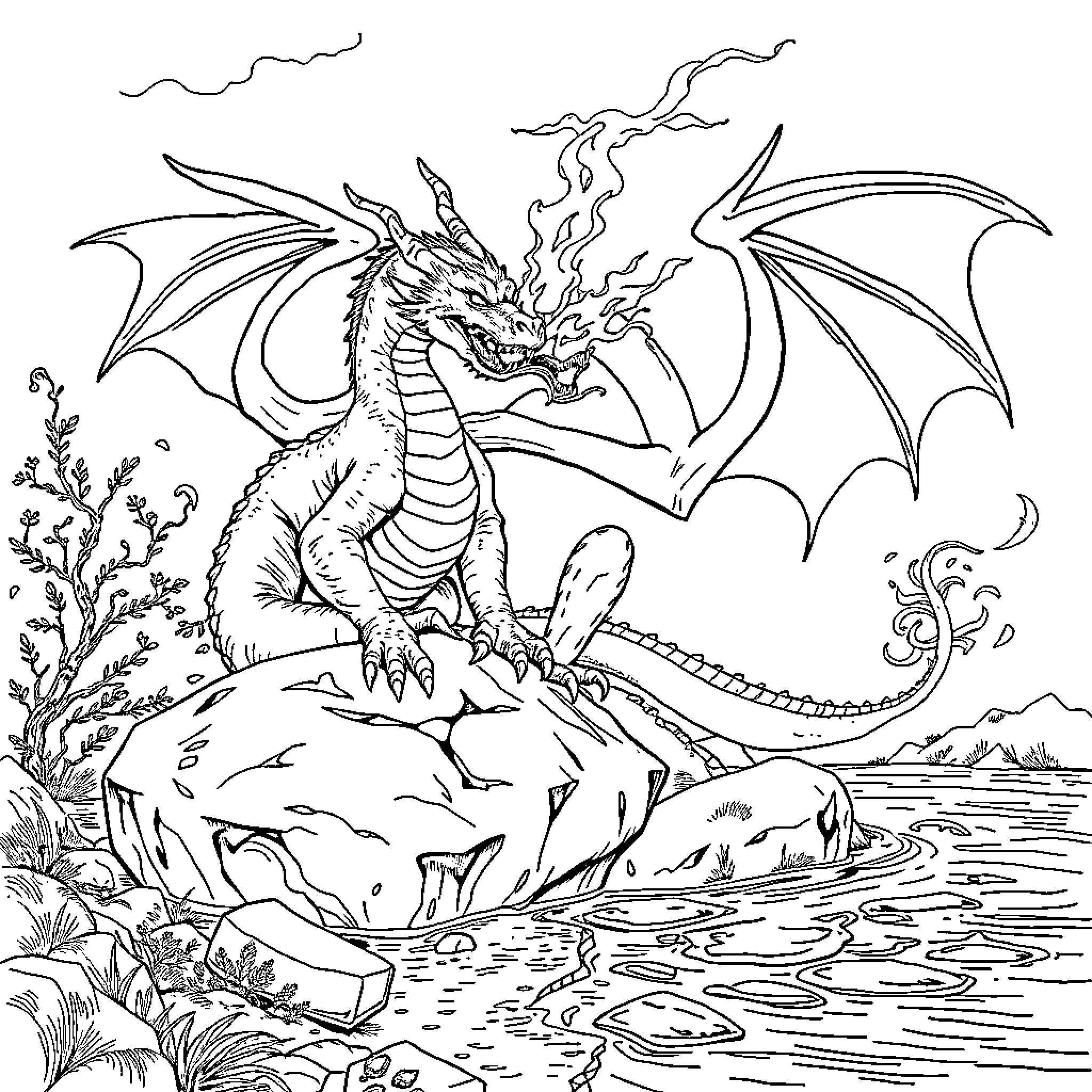 Dragon unleashing fiery breath in a mystical landscape Coloring Page (free black-and-white line drawing printable PDF for all, from beginners to advanced learners, including children, teens, adults, and seniors)