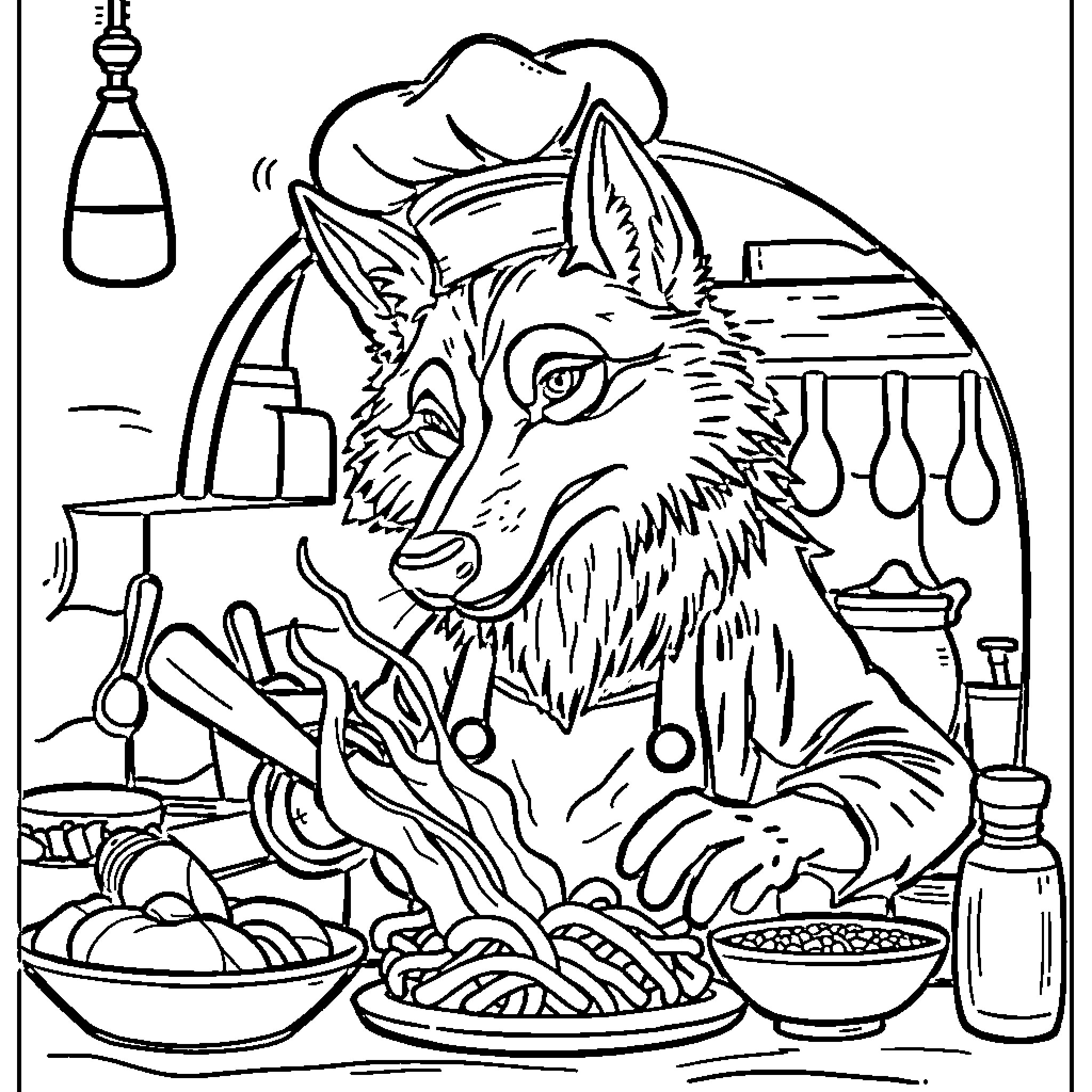 Wolf chef preparing a meal in the kitchen Coloring Page (free black-and-white line drawing printable PDF for all, from beginners to advanced learners, including children, teens, adults, and seniors)